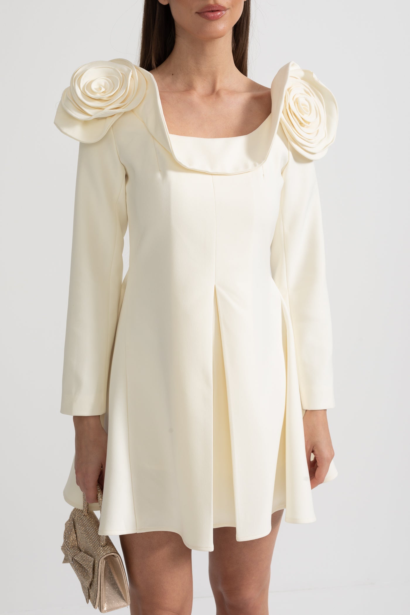 Elegant Mini Dress With Square Neckline, 3D Floral Appliques And Flared Skirt - Ivoire