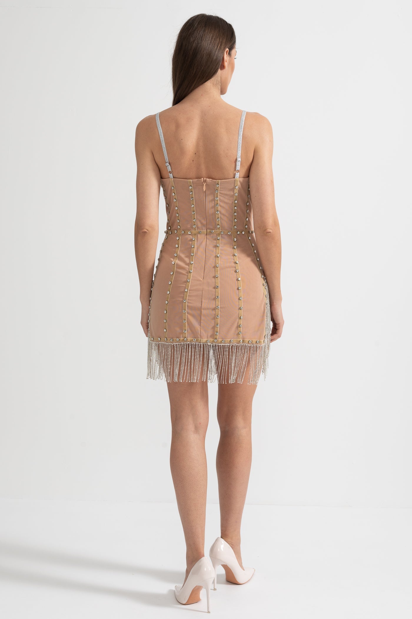 Mini Dress With Fitted Bodice, Silver Beading Accents And Sparkling Fringed Hem - Beige