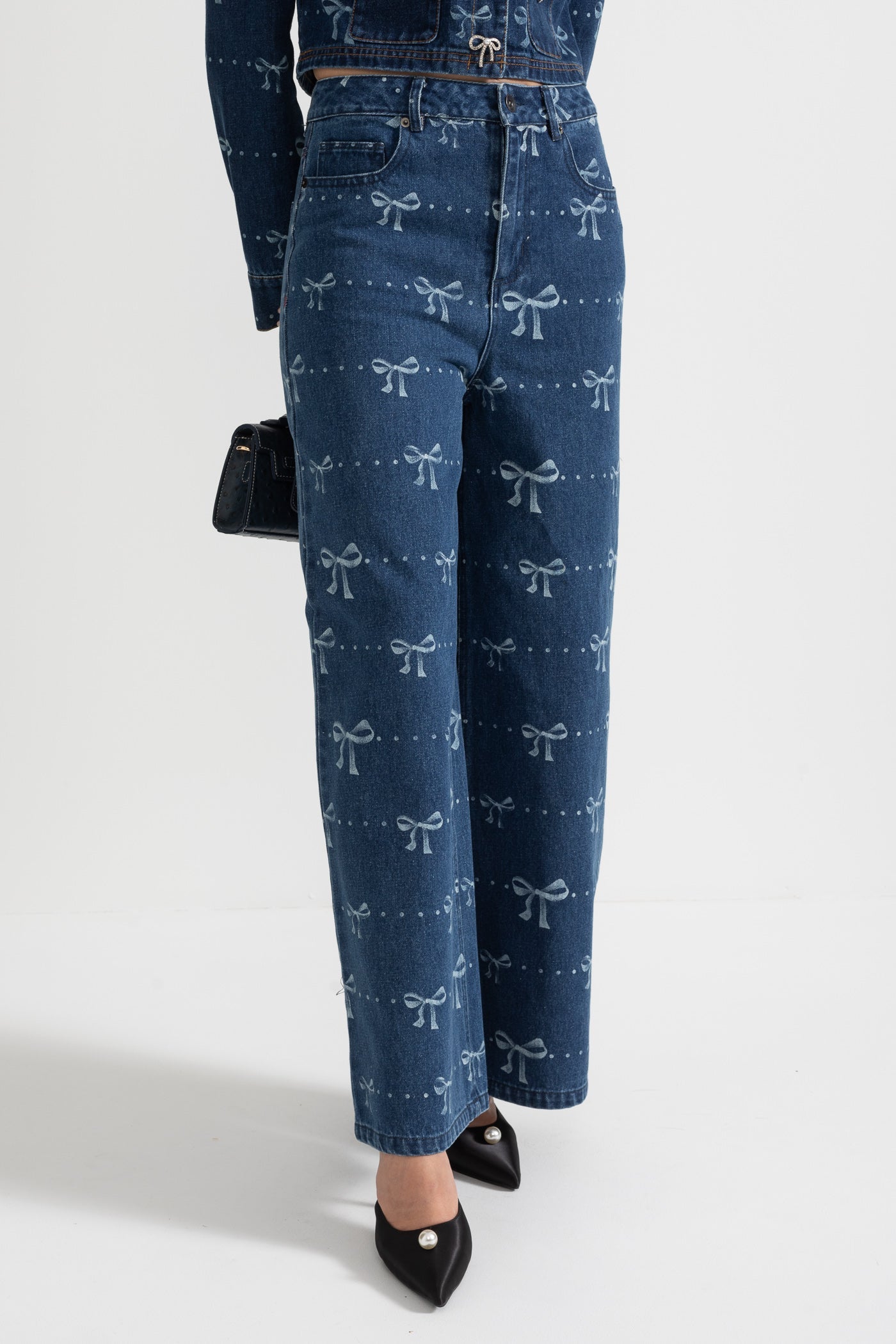 Denim-Co-Ordinate-Ensemble mit langärmeliger Jacke und weitem Jeanshose - Blau