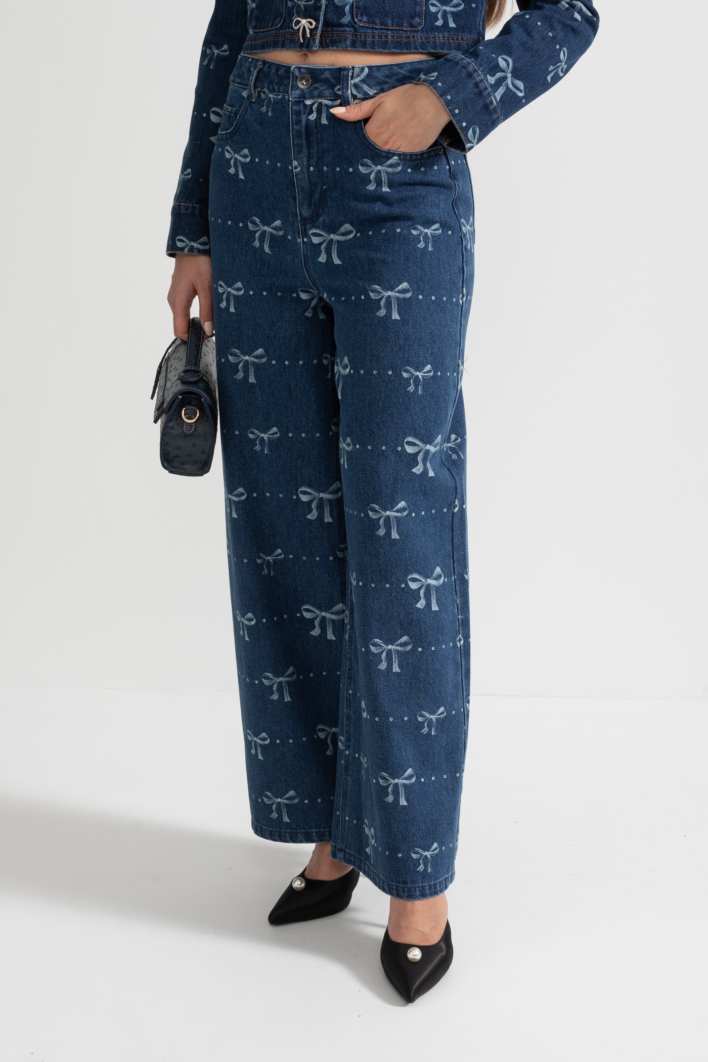 Denim-Co-Ordinate-Ensemble mit langärmeliger Jacke und weitem Jeanshose - Blau