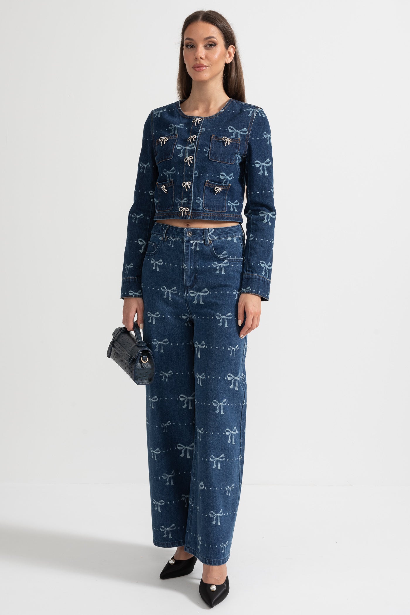 Denim-Co-Ordinate-Ensemble mit langärmeliger Jacke und weitem Jeanshose - Blau