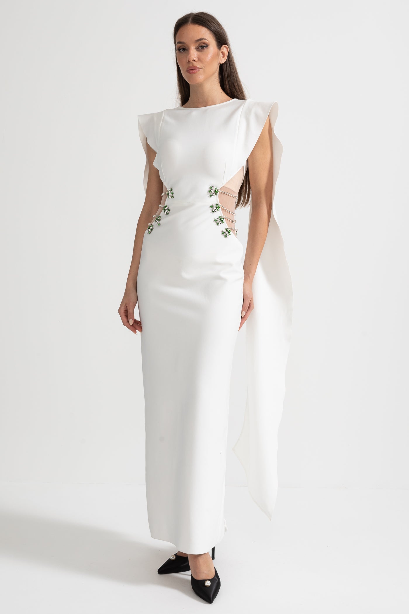 Embellished Cut-Out Maxi Dress with Statement Side Detailing - White