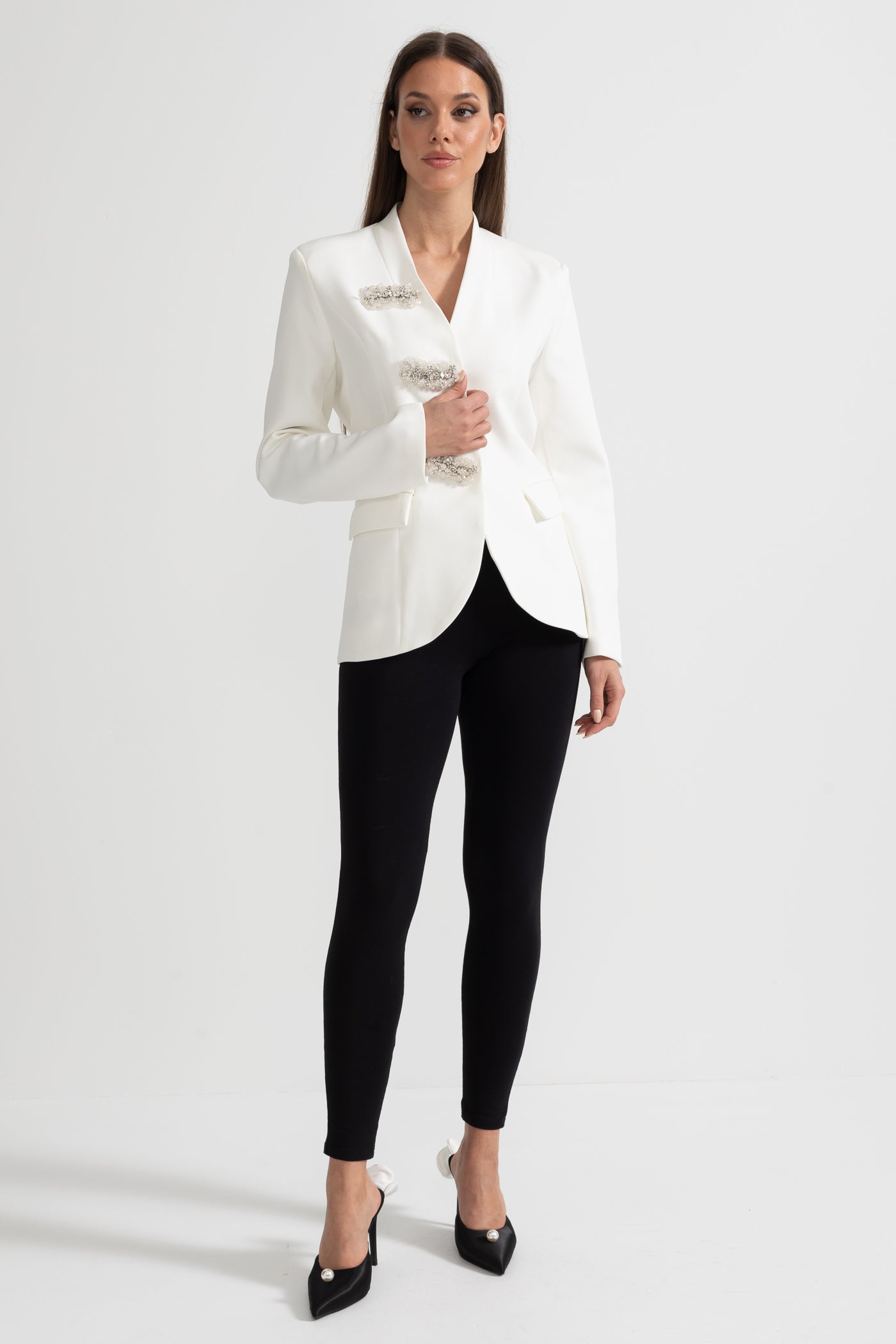Tailored Blazer With Structured Shoulders And Silver Floral Clasps - White