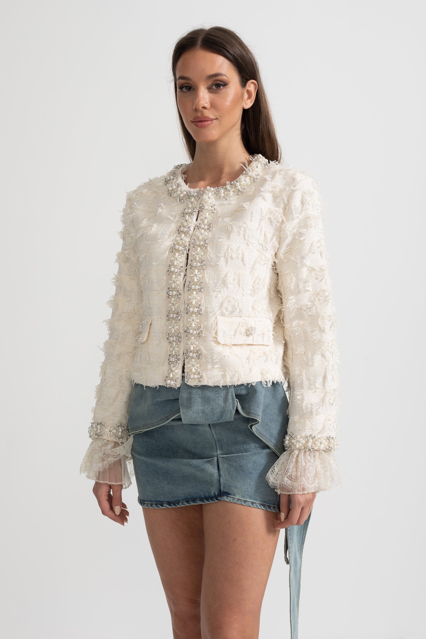 Textured Jacket Top with Pearl and Crystal Embellishments - Ivoire