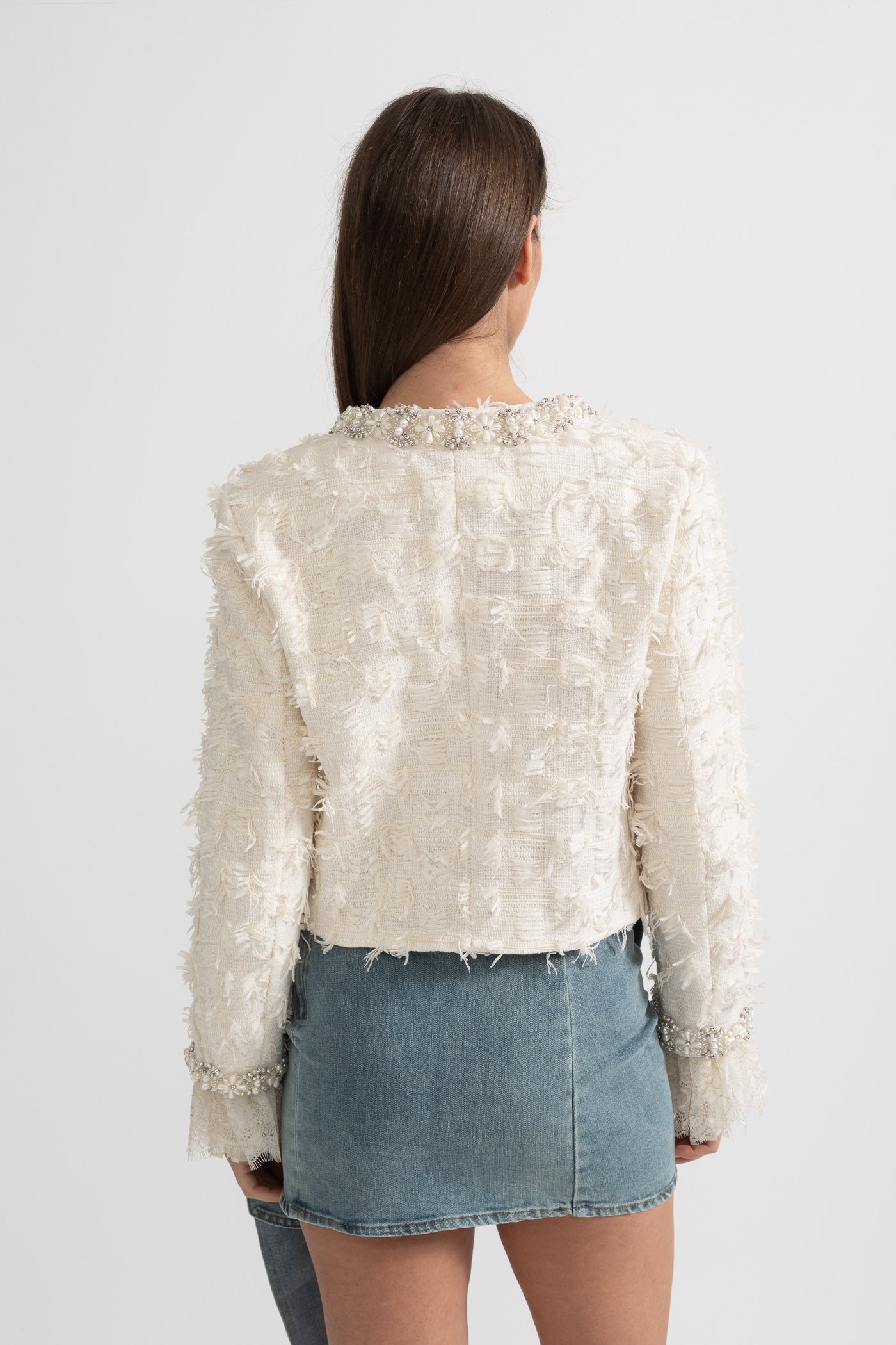 Textured Jacket Top with Pearl and Crystal Embellishments - Ivoire