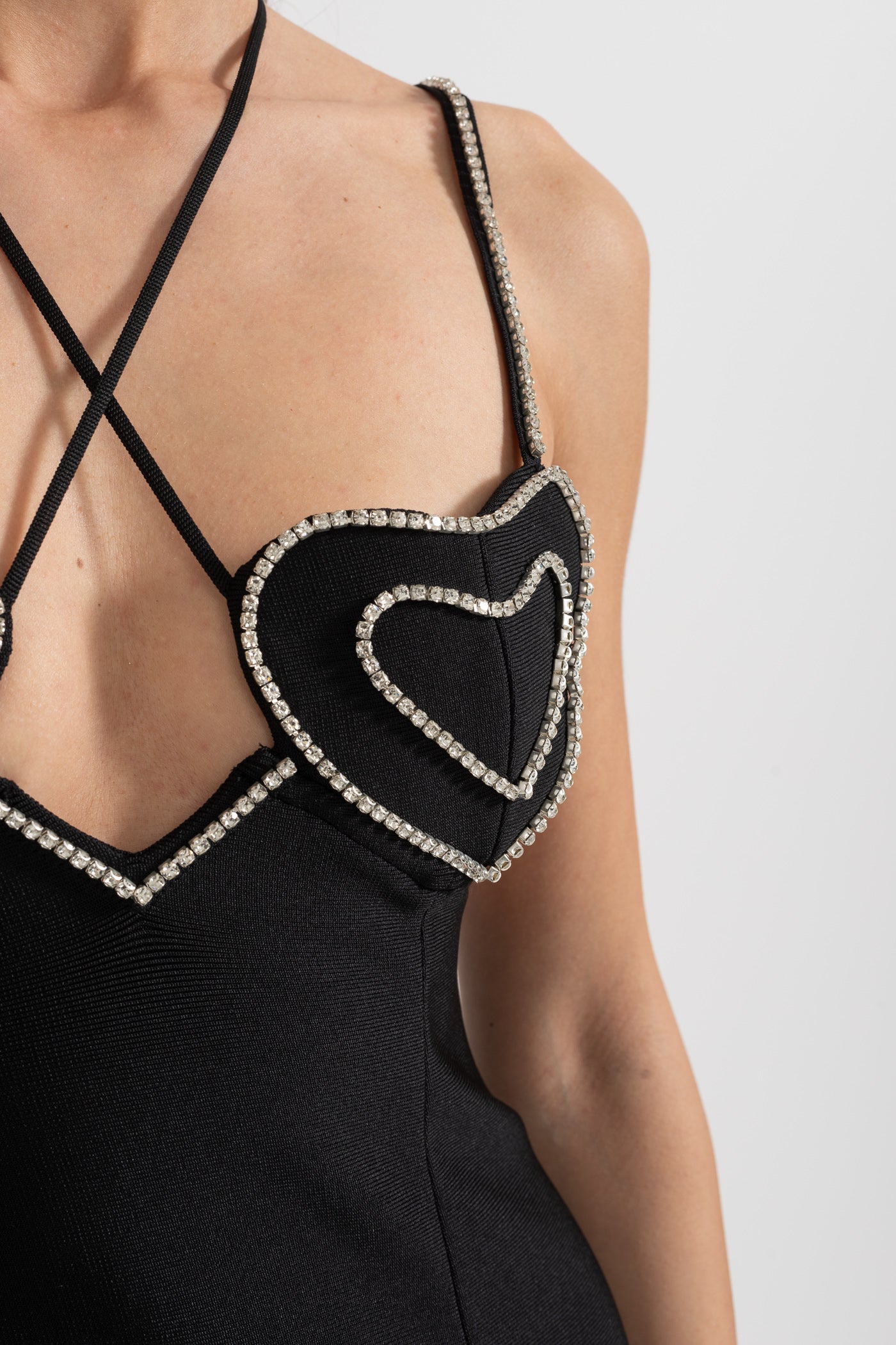 Mini Dress With Delicate Thin Straps And Crystal Heart Bodice Detailing - Black