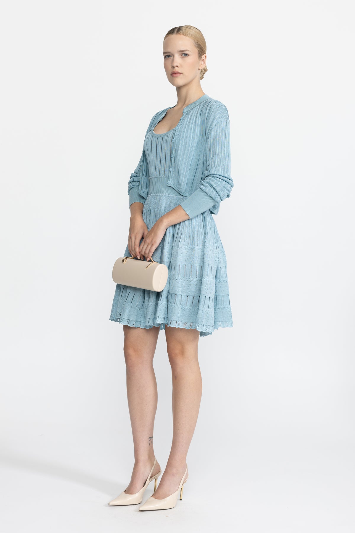 Rib Pointelle Knit Cropped Cardigan and Skater Dress Set - Light Blue
