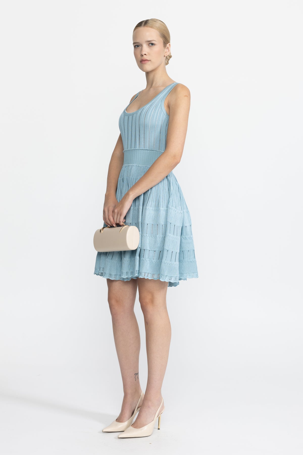 Rib Pointelle Knit Cropped Cardigan and Skater Dress Set - Light Blue