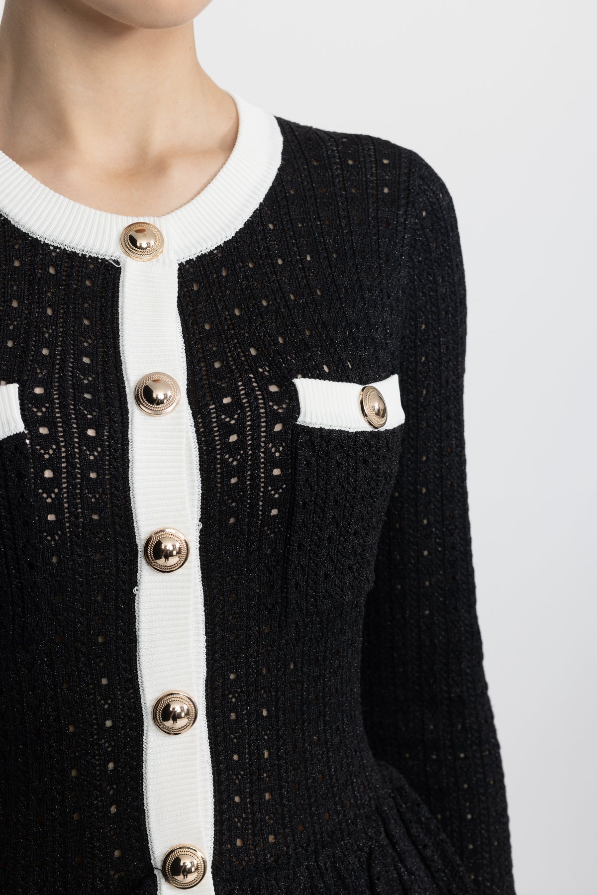 Pointelle Knit Peplum Mini Dress with Gold Buttons - Black