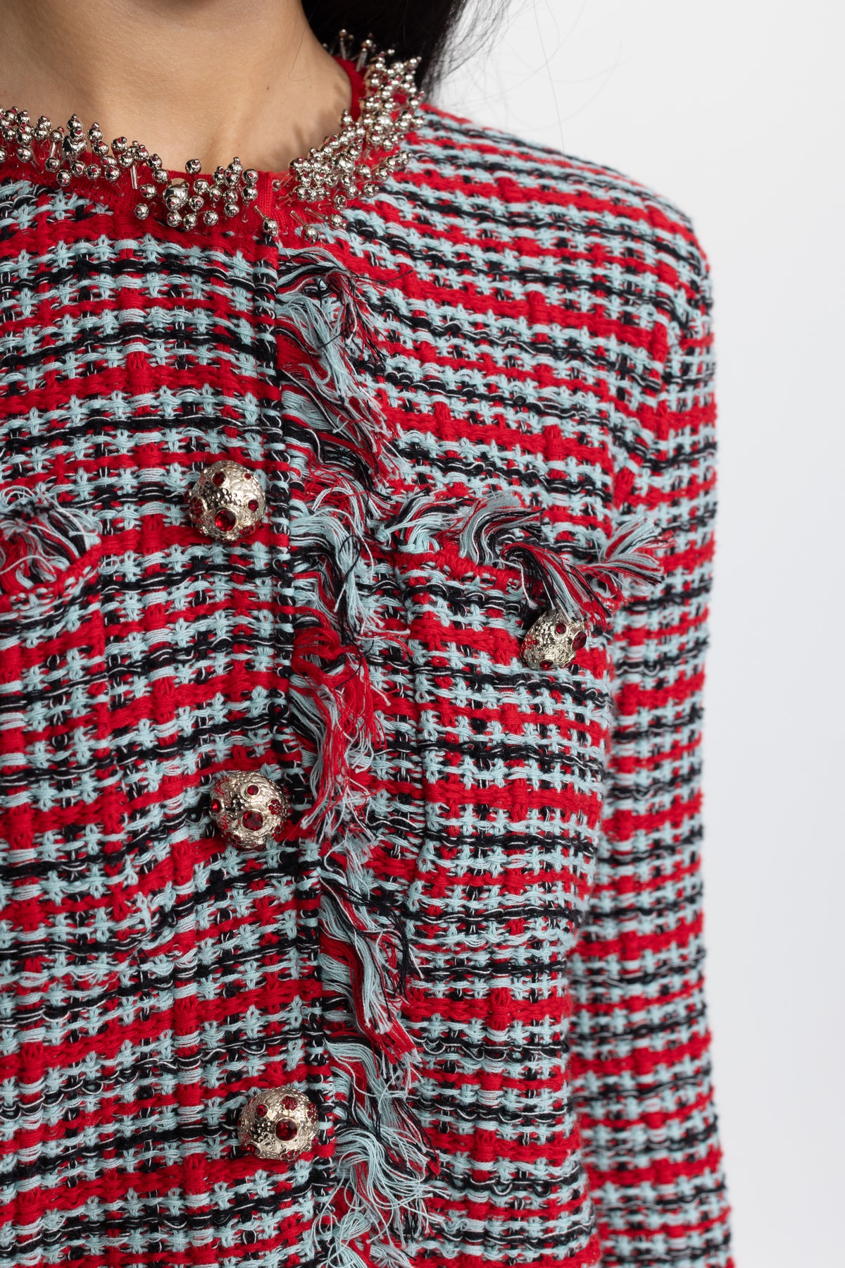 Tweedjacke mit Fransen und Midirock im Co-ord-Set - Rot Multi