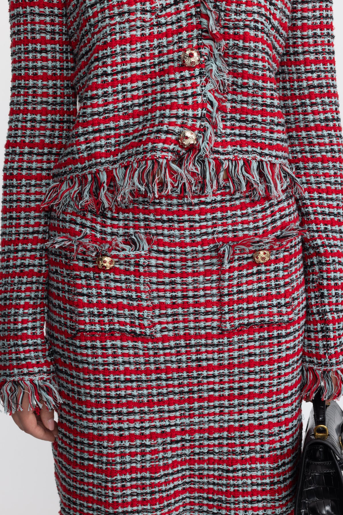Tweedjacke mit Fransen und Midirock im Co-ord-Set - Rot Multi