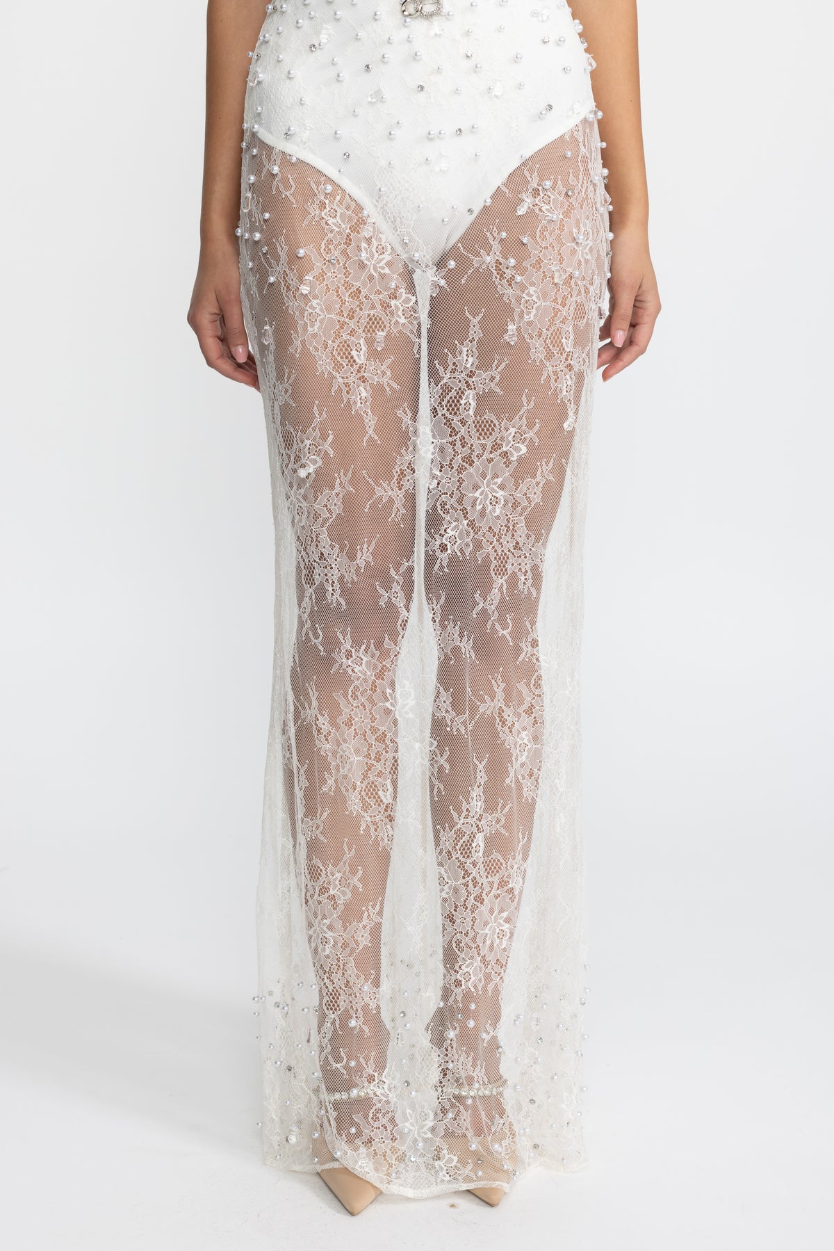 Pearl Embellished Corset Bodysuit Lace Jumpsuit - White