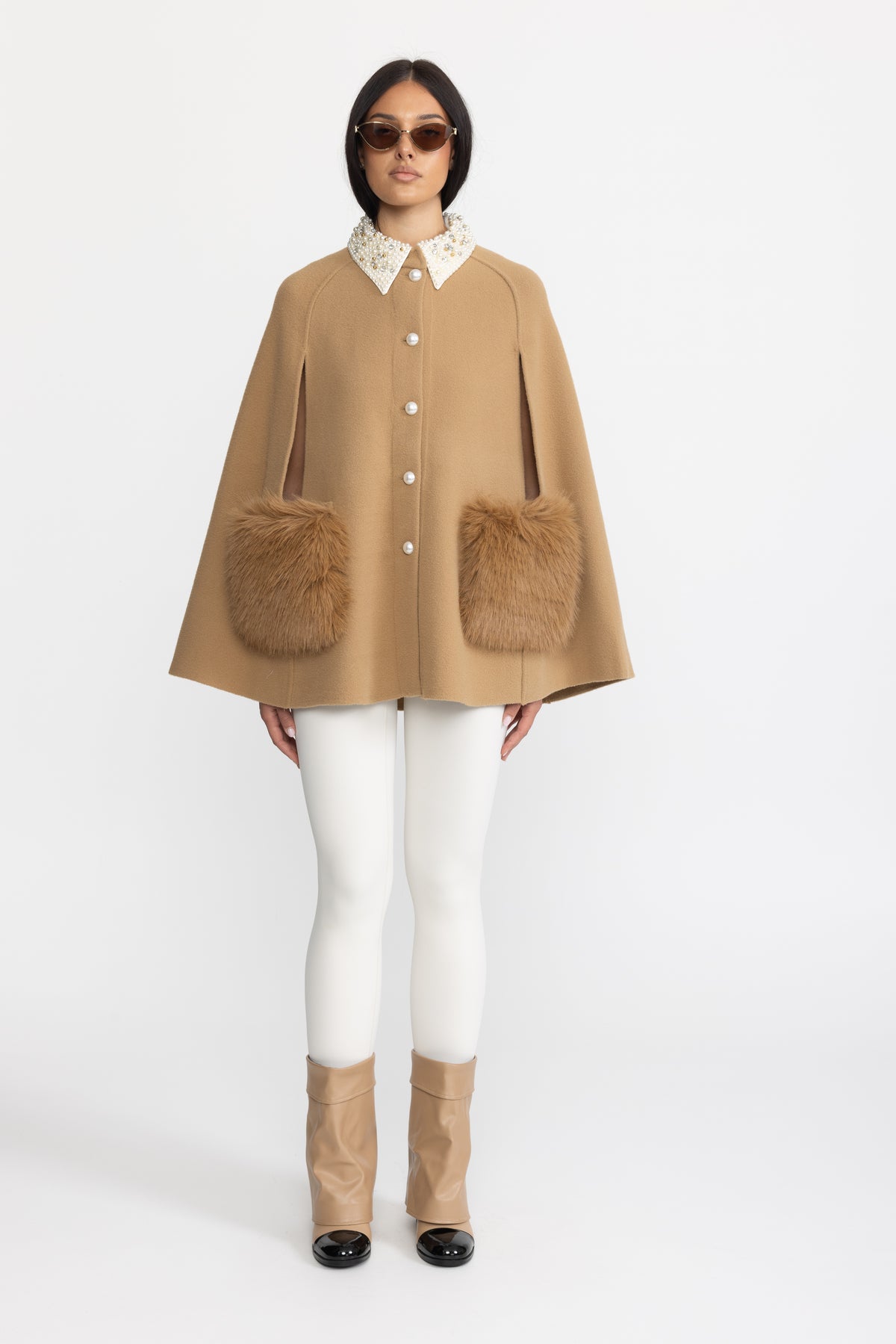 Pearl Embellished Collar Cape with Faux Fur Pockets - Camel
