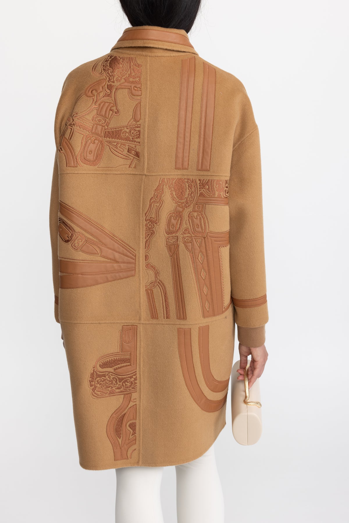 Equestrian Applique Embroidered Wool Zip Coat - Camel
