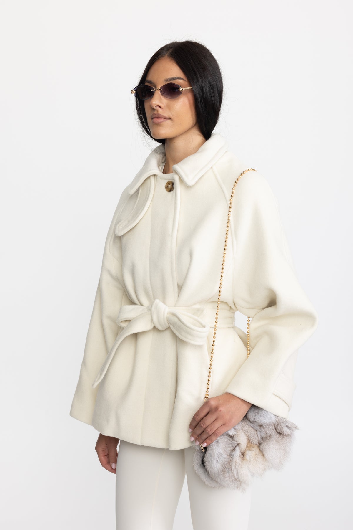 Swing-Jacke aus Wolle und Kaschmir mit Gürtel - Ivoire
