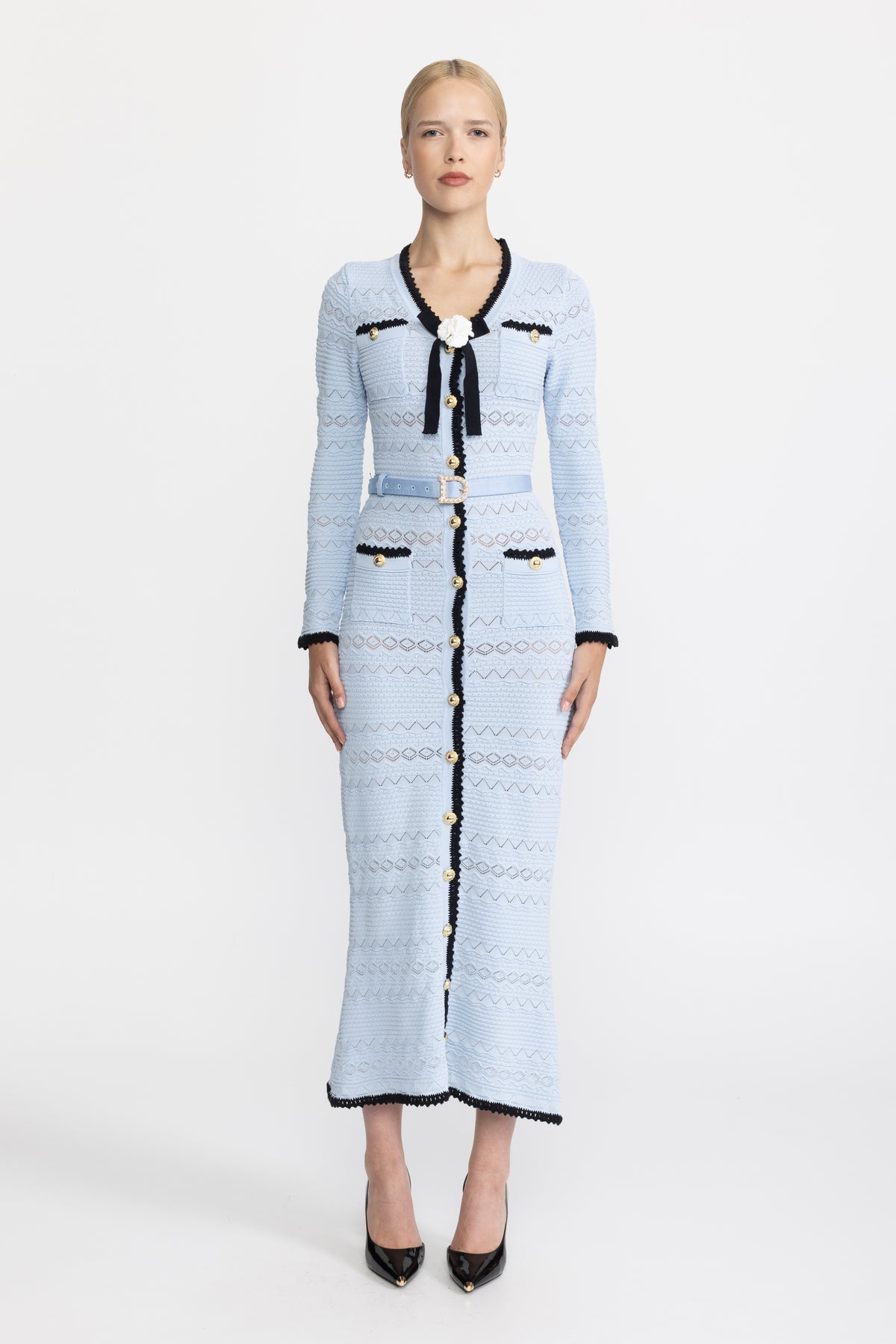 Crochet Trim Knit Button Midi Dress with Flower Brooch - Light Blue