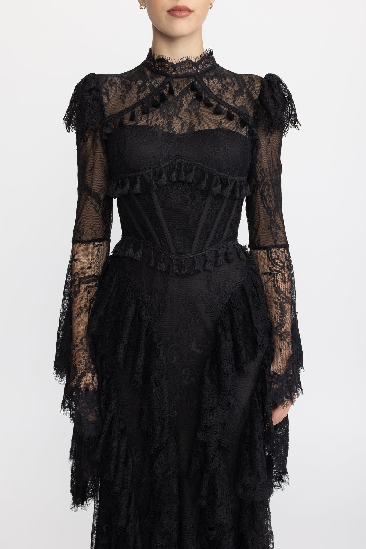 Tassel Trim Lace Corset Bell Sleeve Maxi Dress - Black