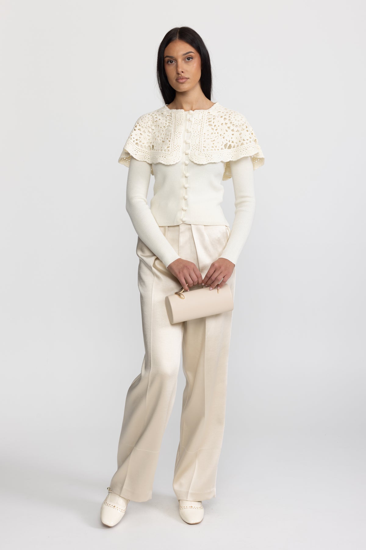 Crochet Capelet Collar Rib Knit Cardigan - Ivoire