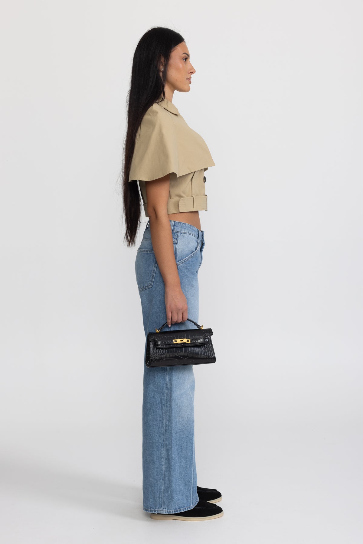 Cropped Trench Cape Top with Belt - Khaki