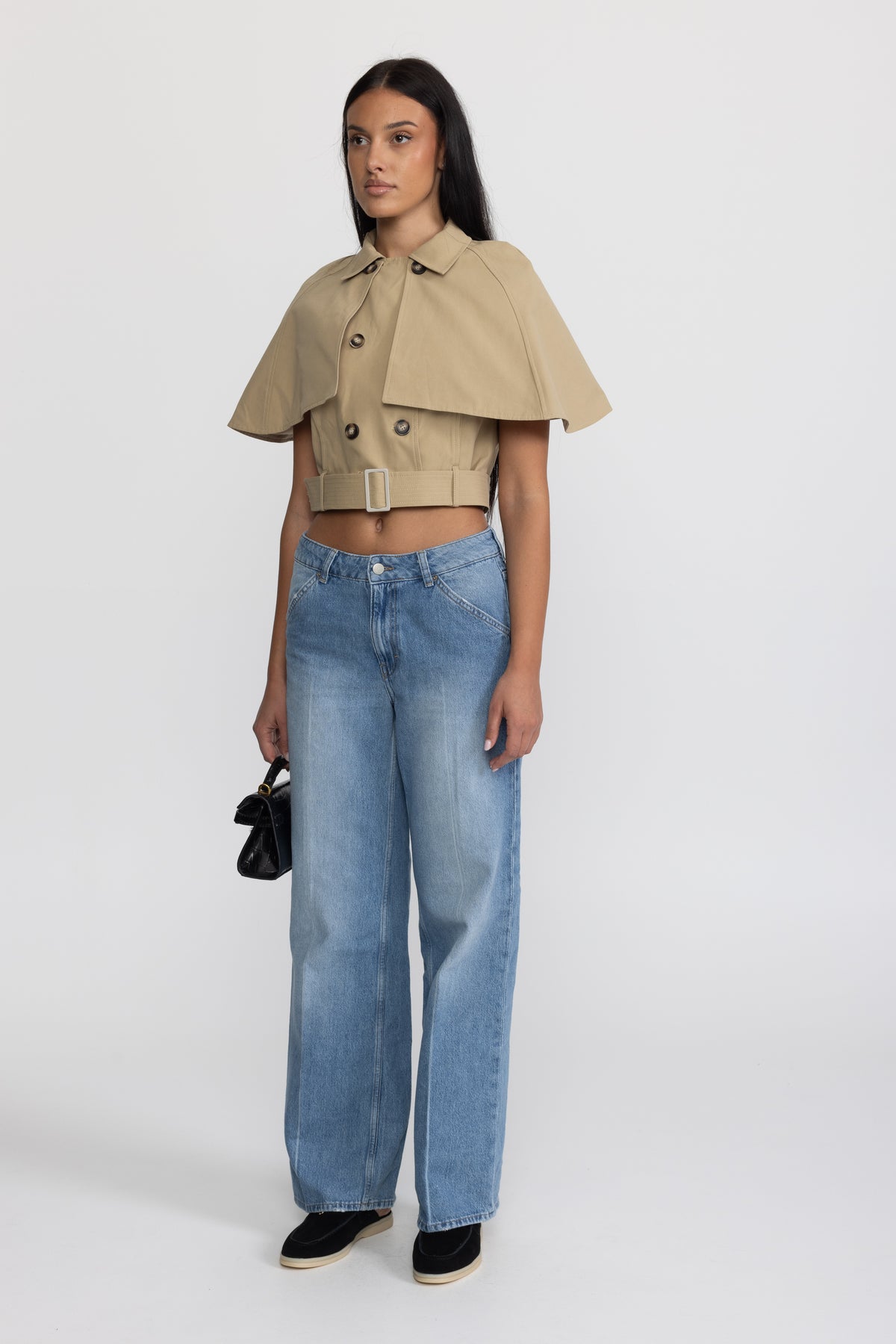 Cropped Trench Cape Top with Belt - Khaki