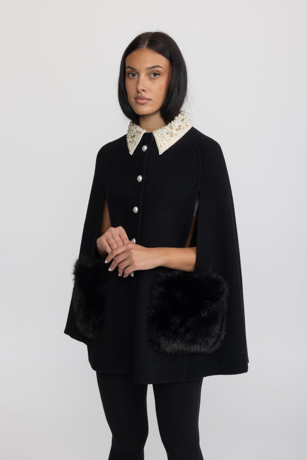 Pearl Embellished Collar Cape with Faux Fur Pockets - Black