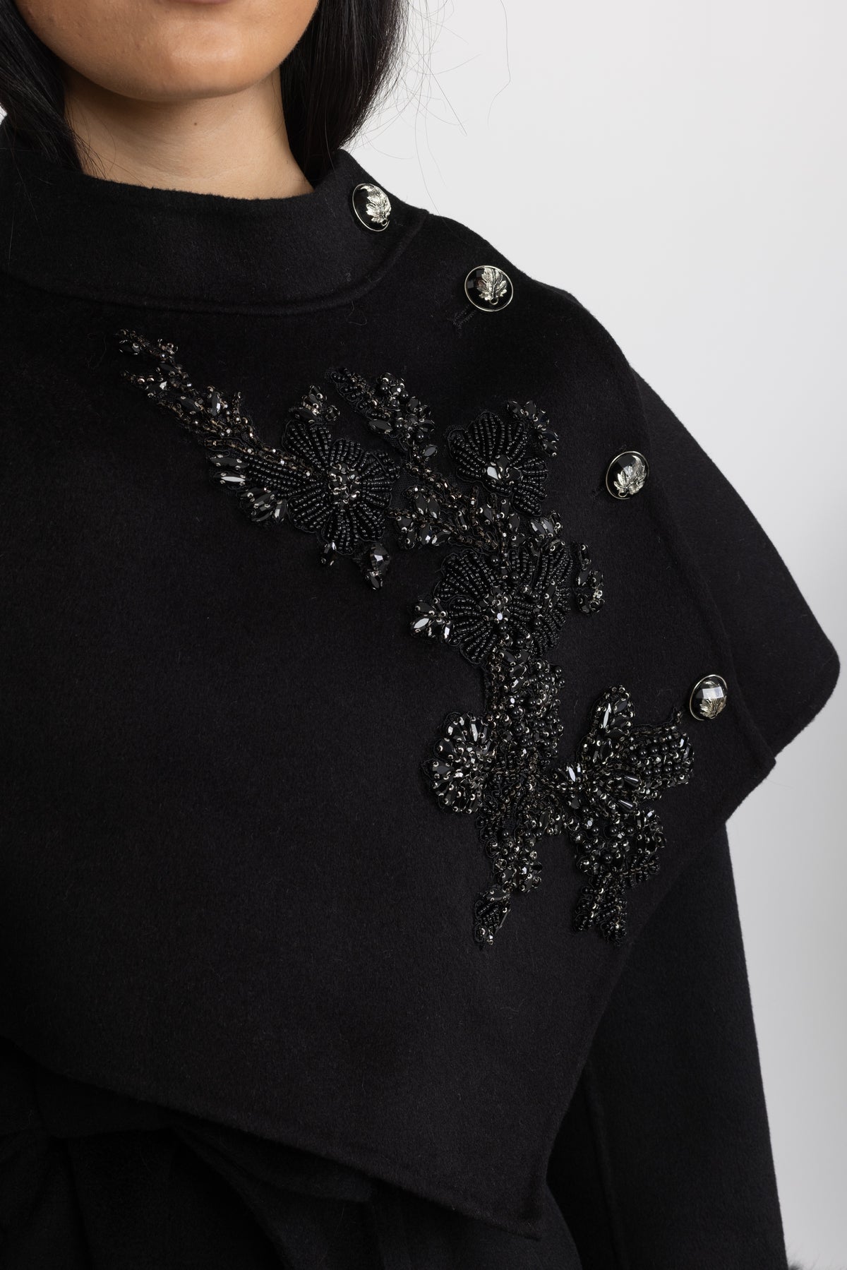 Embellished Capelet Wool Coat with Fox Fur Cuffs - Black
