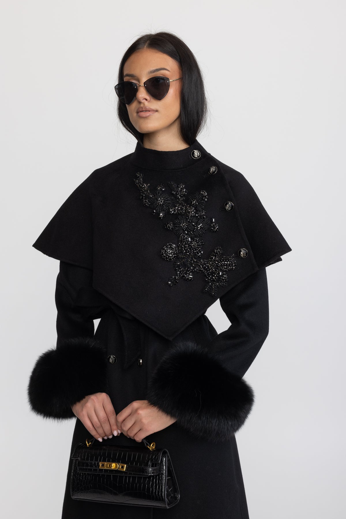 Embellished Capelet Wool Coat with Fox Fur Cuffs - Black
