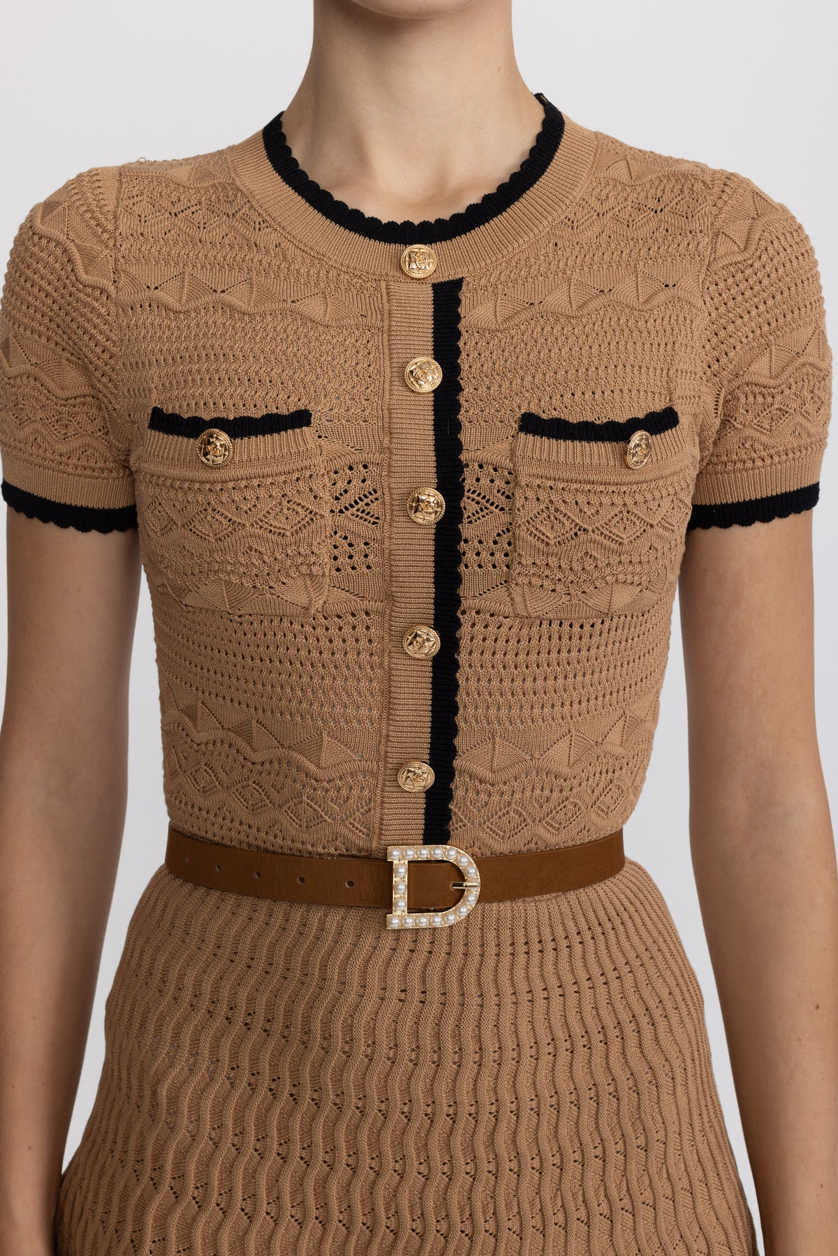 Pointelle Knit Belted Mini Dress with Contrast Trim - Camel