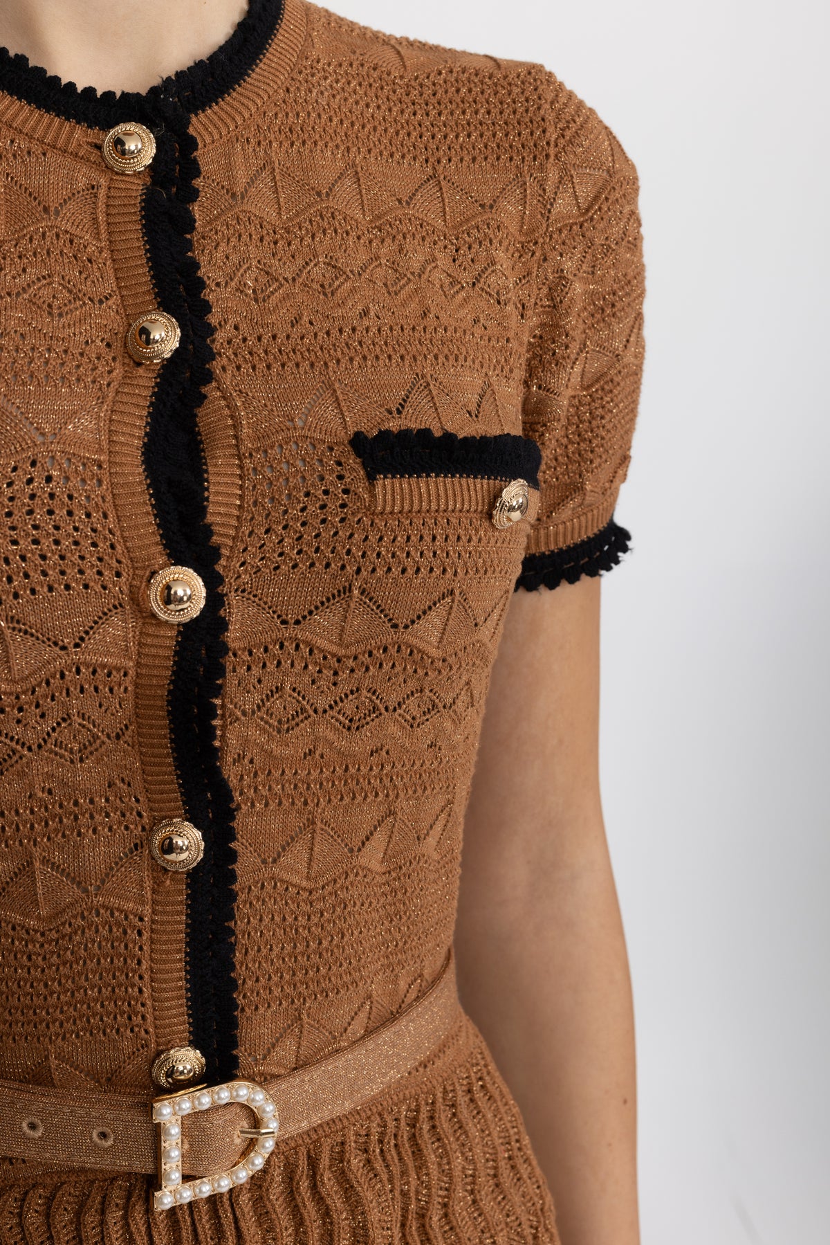 Metallic Pointelle Knit Belted Dress with Contrast Trim - Caramel