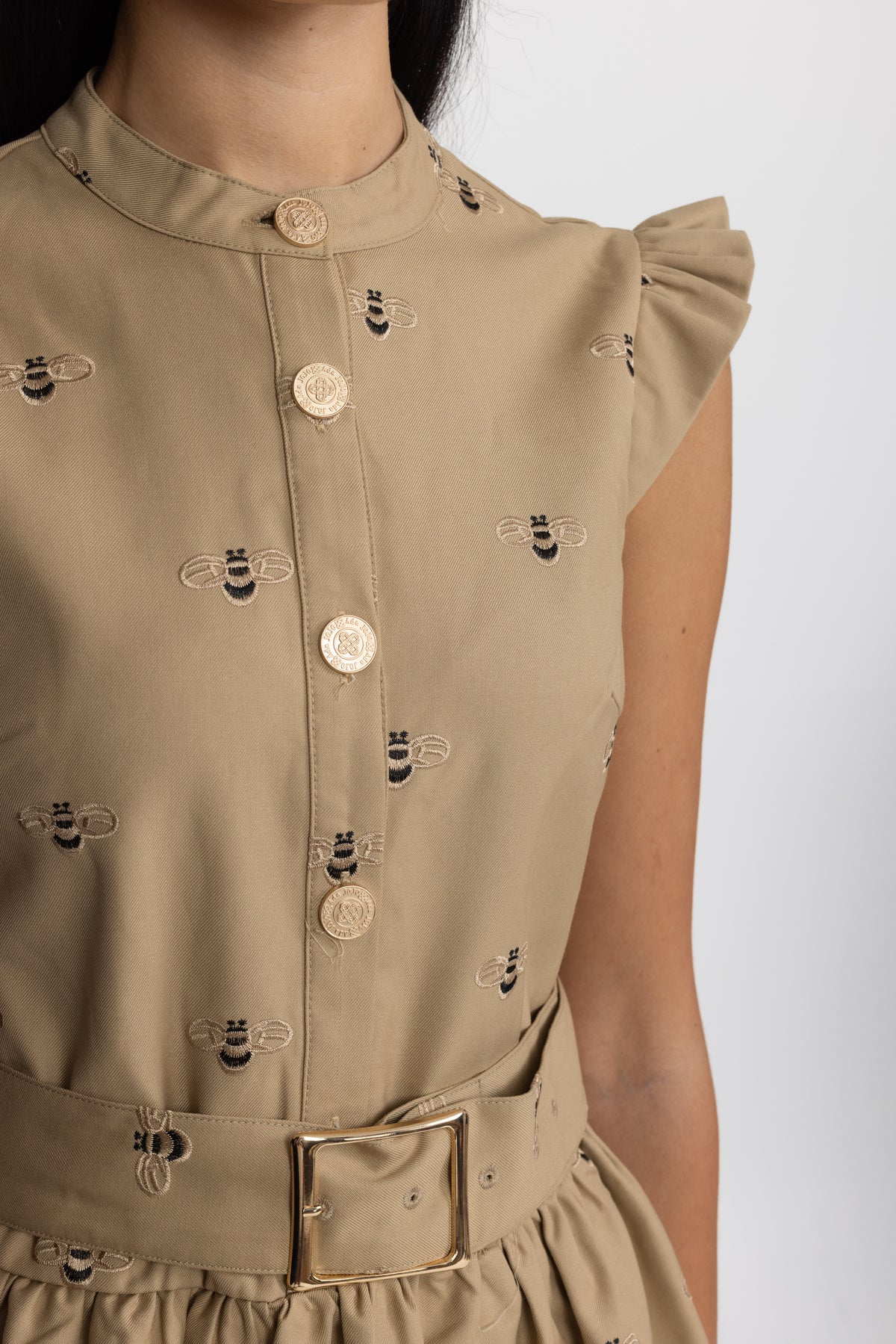 Besticktes Baumwoll-Minikleid mit Bienenmotiv und Gürtel - Khaki