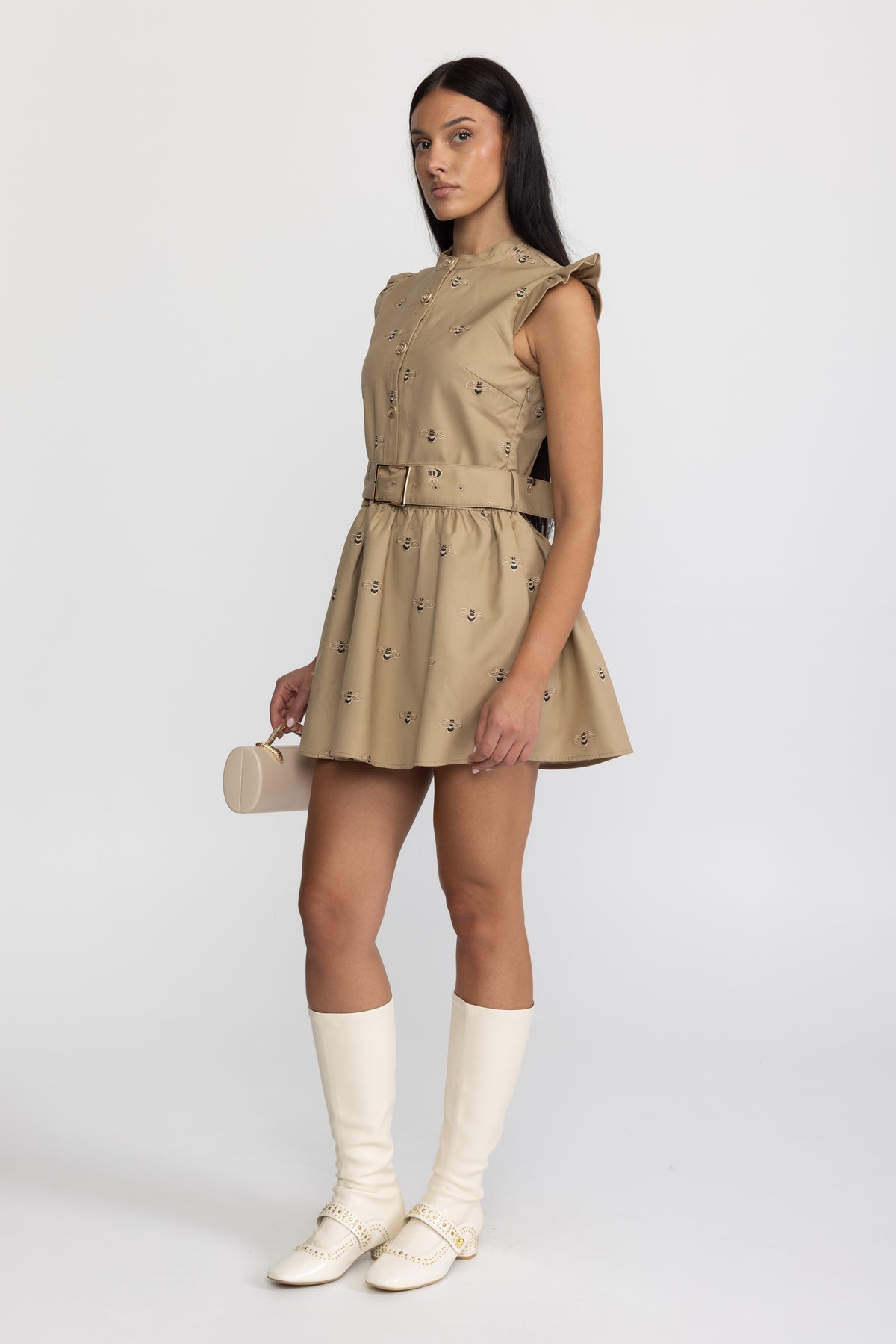 Besticktes Baumwoll-Minikleid mit Bienenmotiv und Gürtel - Khaki