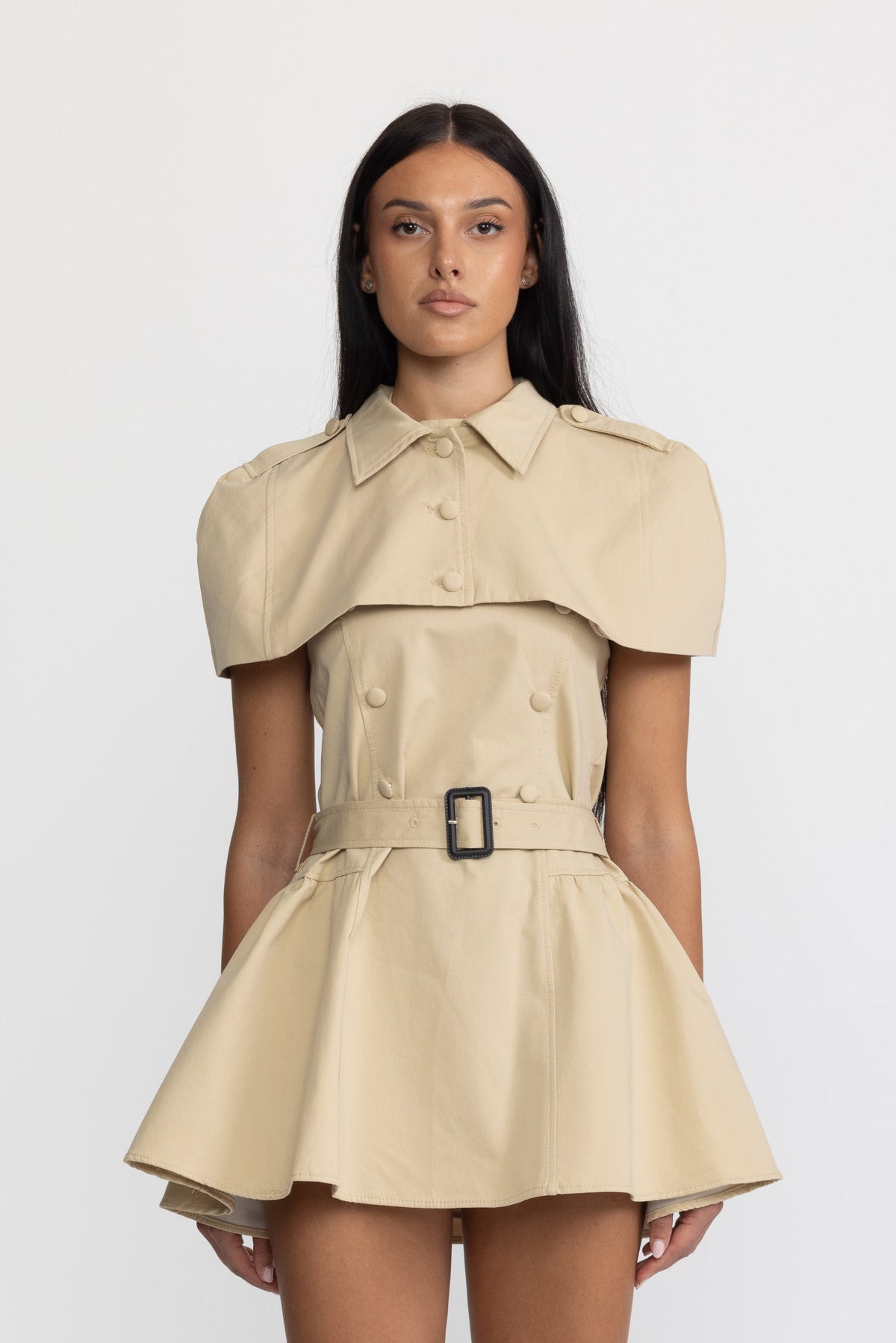 Trench-Minikleid mit Neckholder und abnehmbarem Capelet – Khaki