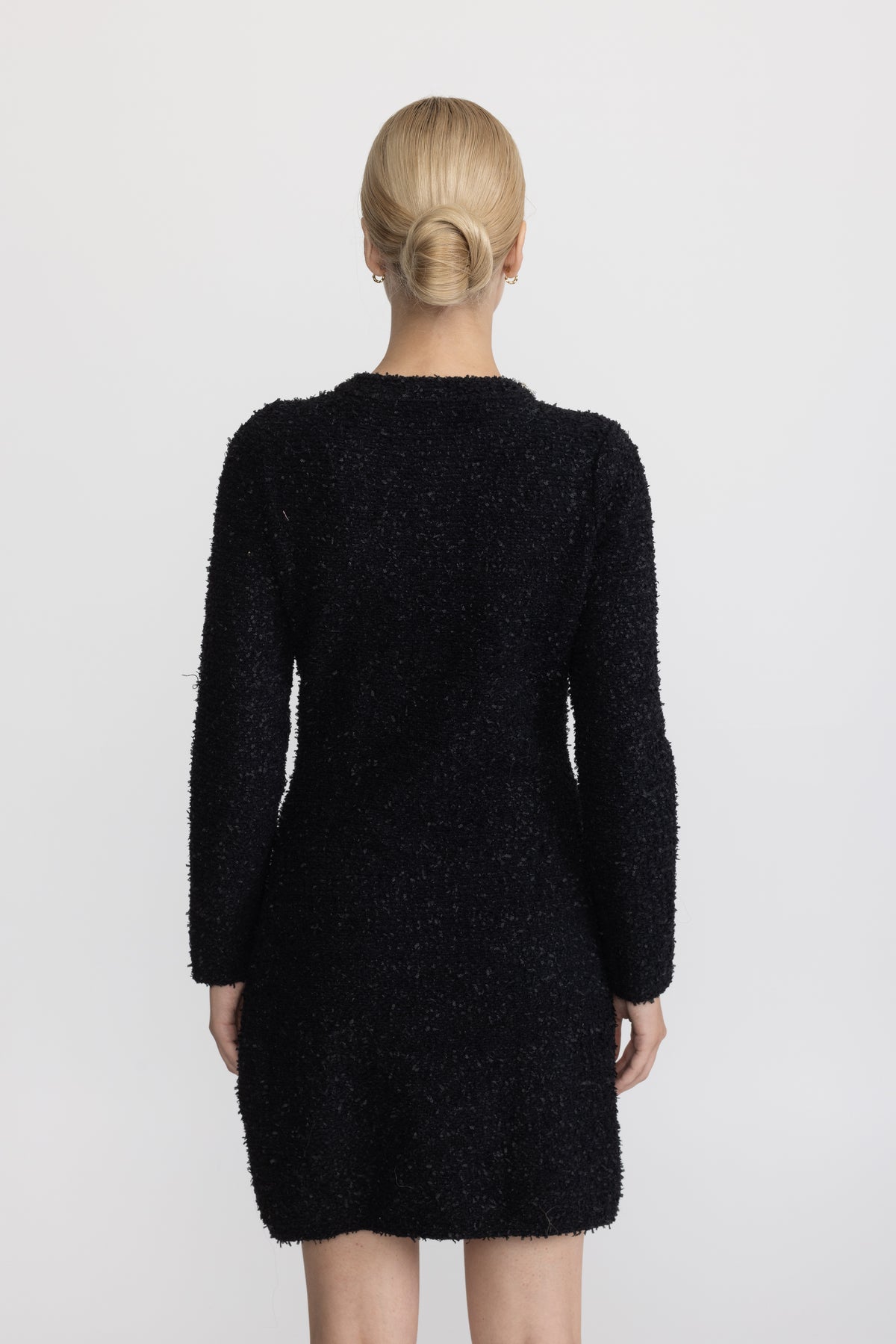 Mini-Kleid aus Bouclé-Strick mit Kristallbesatz - Schwarz