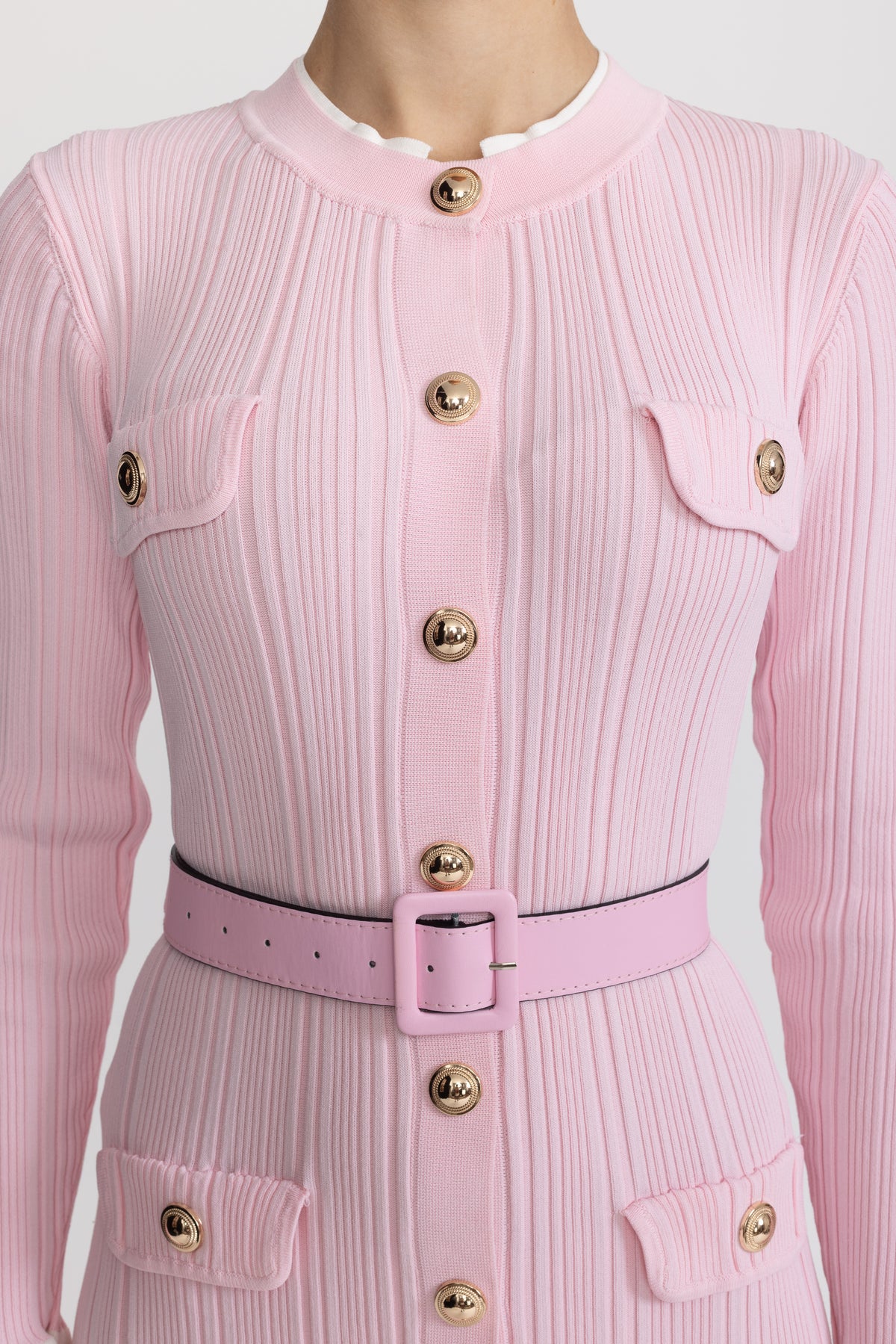Belted Rib Knit Button-Front Midi Dress - Pink