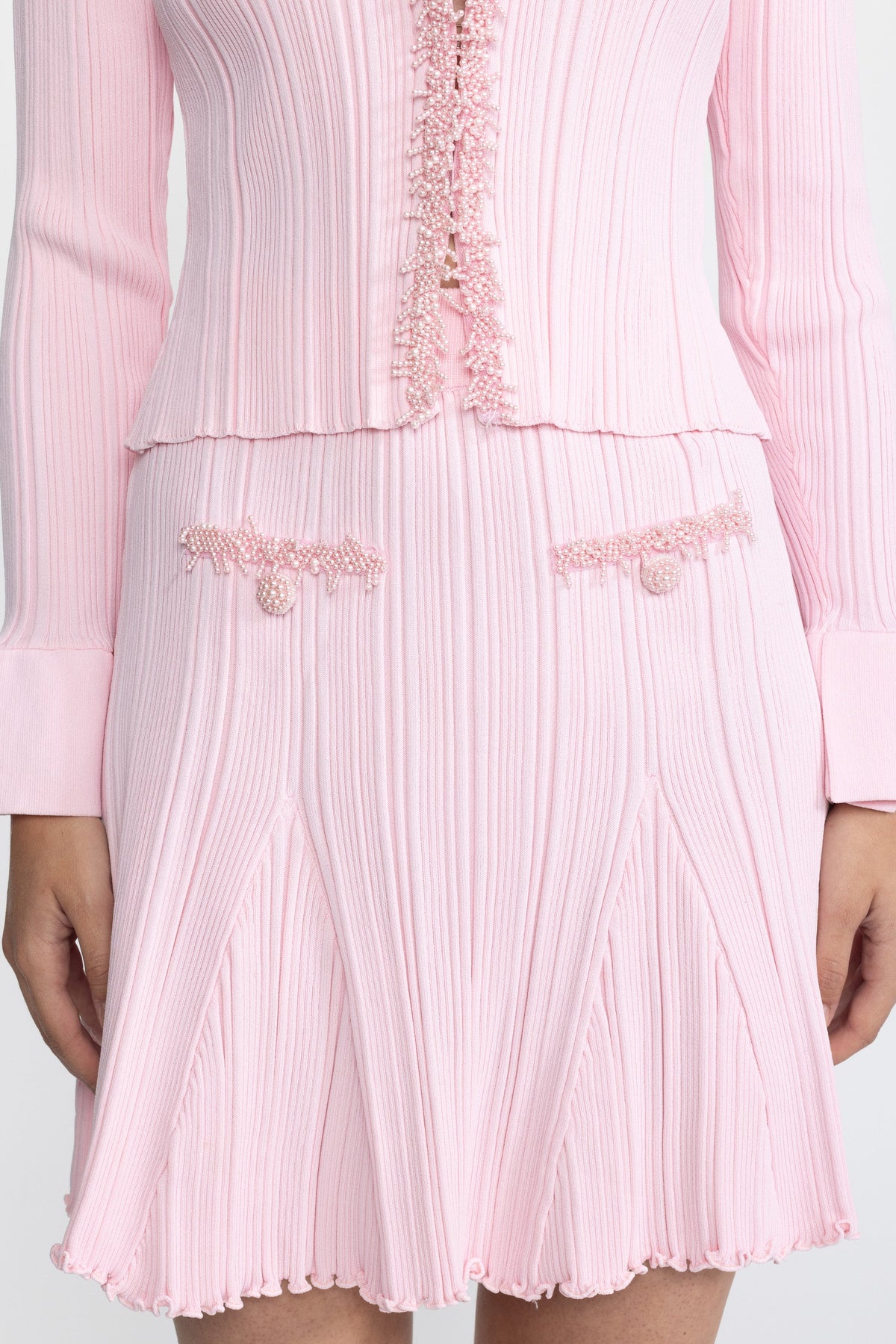 Beaded Trim Rib Knit Cardigan and Mini Skirt Co-ord Set - Pink