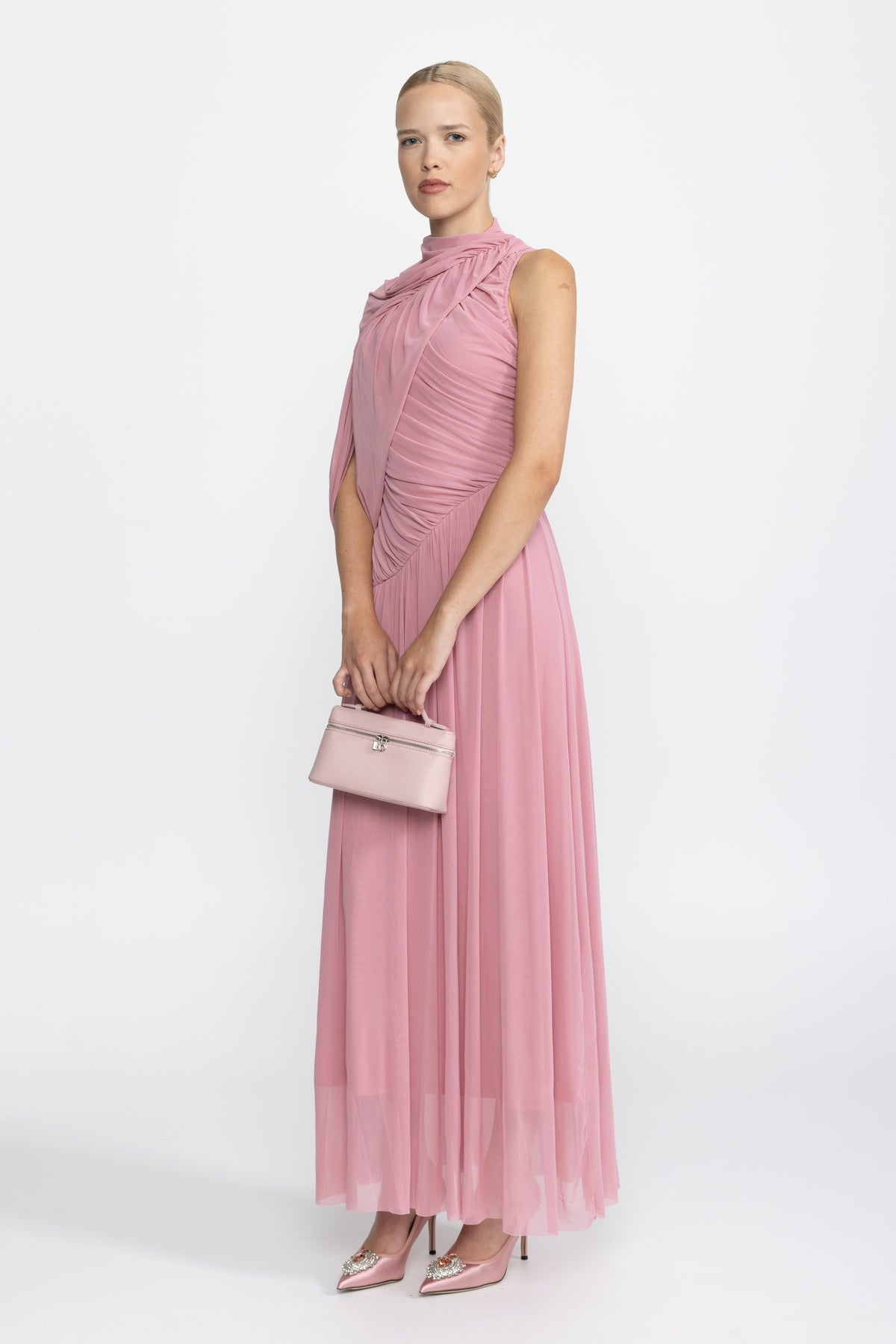 Draped Scarf Neck Mesh Maxi Dress - Pink