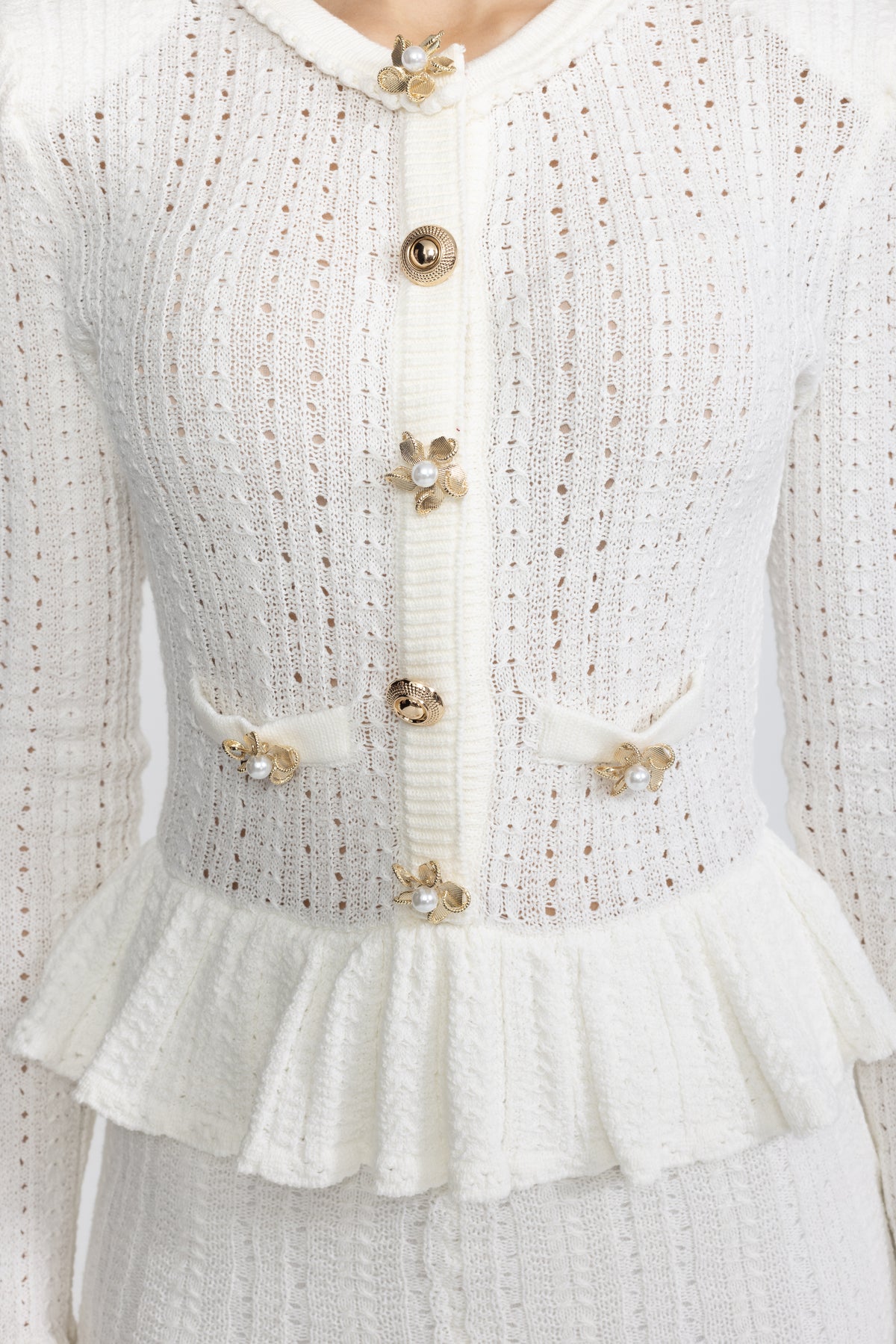 Pointelle Knit Peplum Mini Dress with Pearl Flower Buttons - White