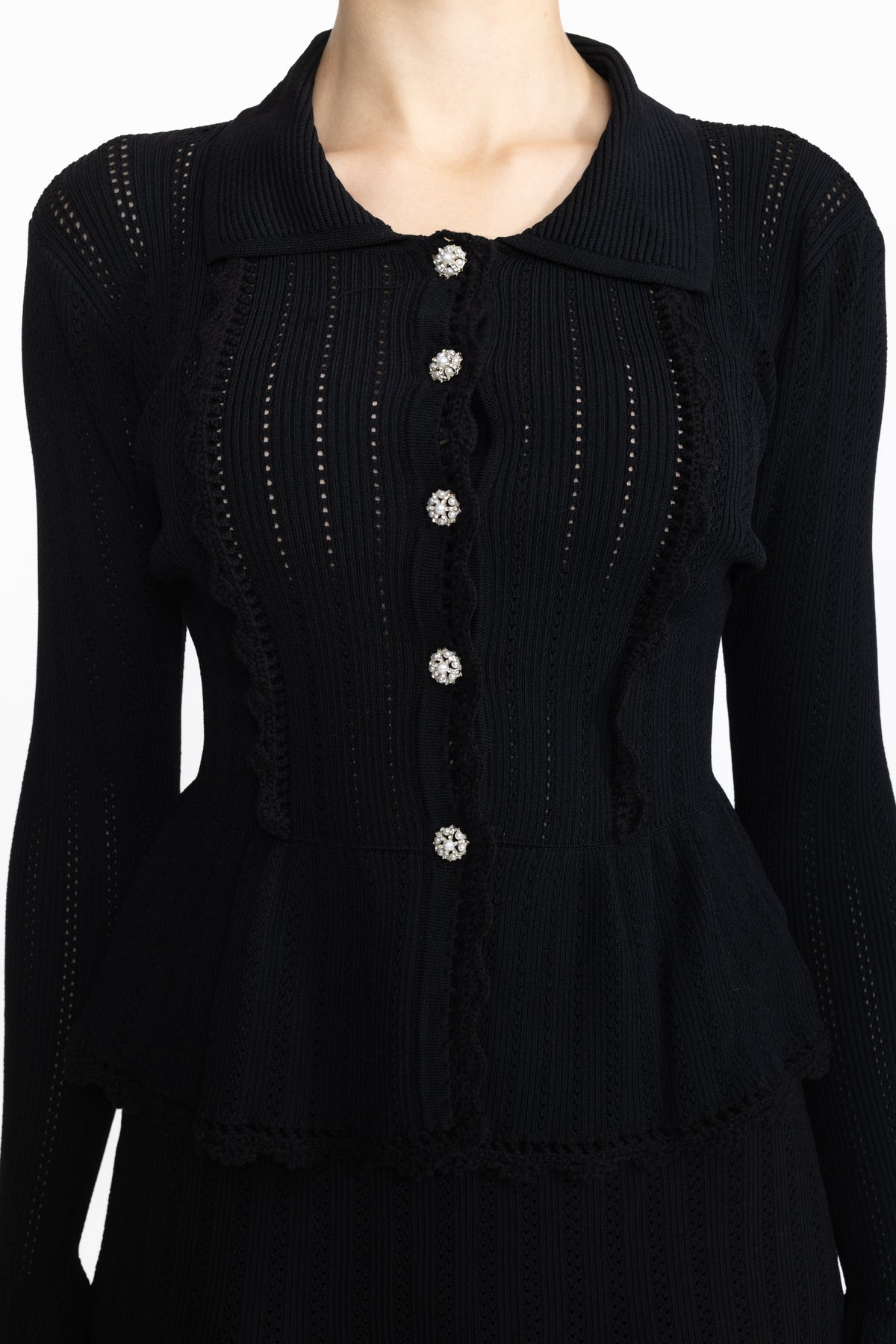 Pointelle Knit Peplum Cardigan and Lace Hem Skirt Co-ord Set - Black