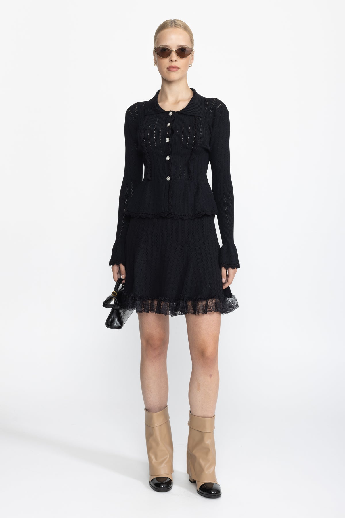 Pointelle Knit Peplum Cardigan and Lace Hem Skirt Co-ord Set - Black