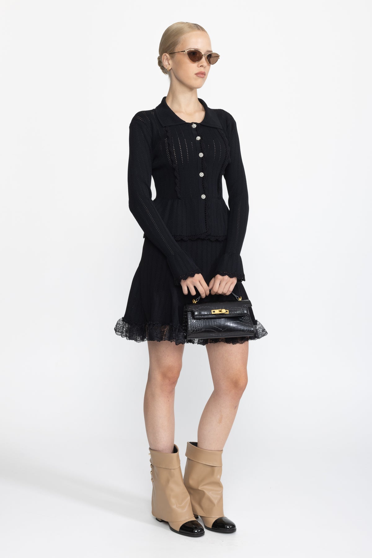 Pointelle Knit Peplum Cardigan and Lace Hem Skirt Co-ord Set - Black