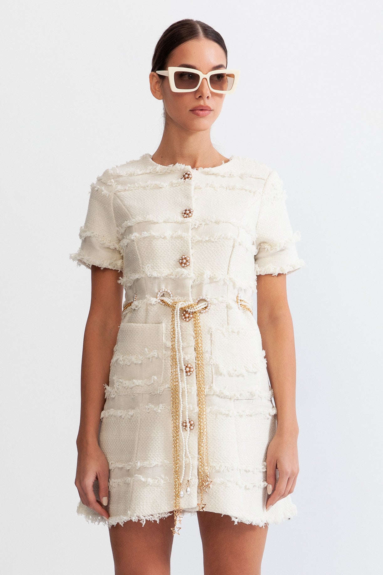 Perlenkettentweed-Kleid - Beige