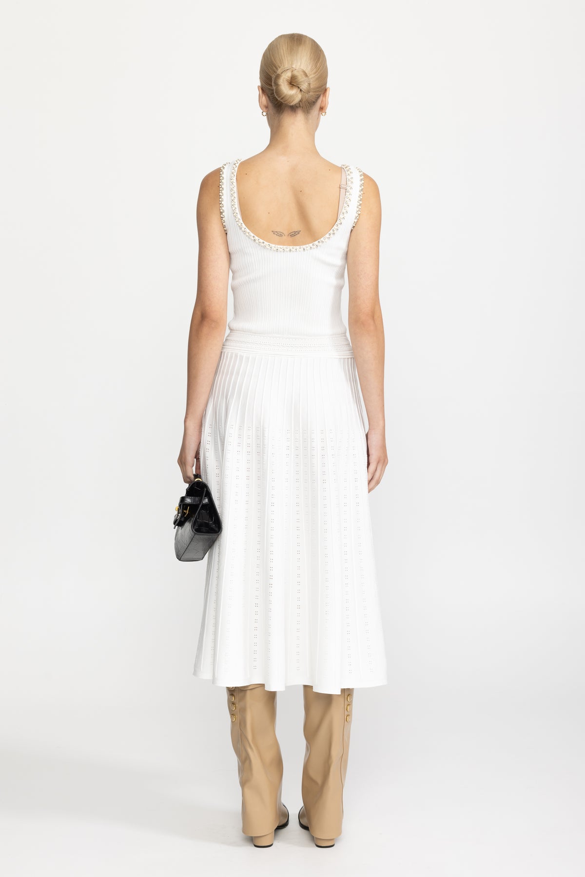 Pearl Trim Knit Tank Midi Dress and Bolero Set - White
