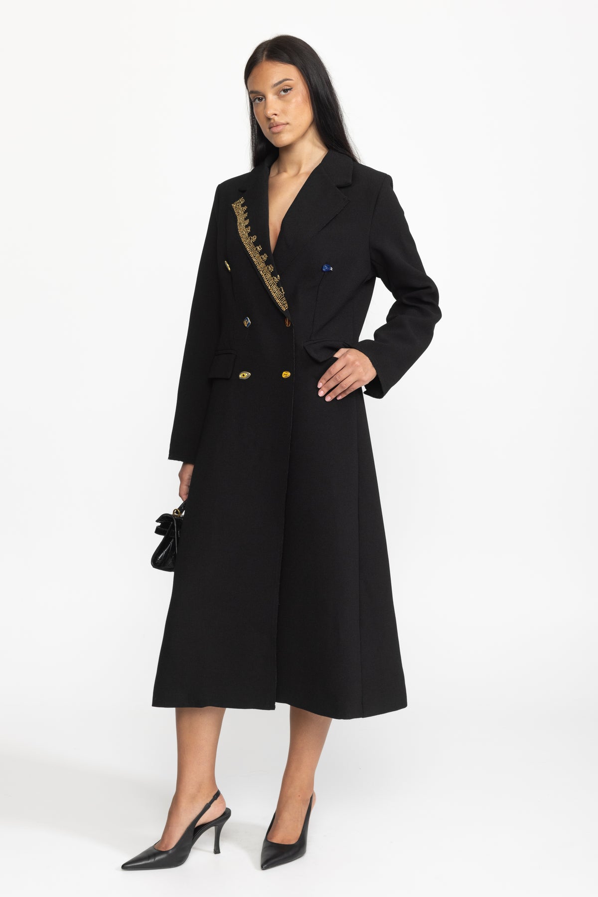 Embellished Lapel Double-Breasted Longline Coat - Black