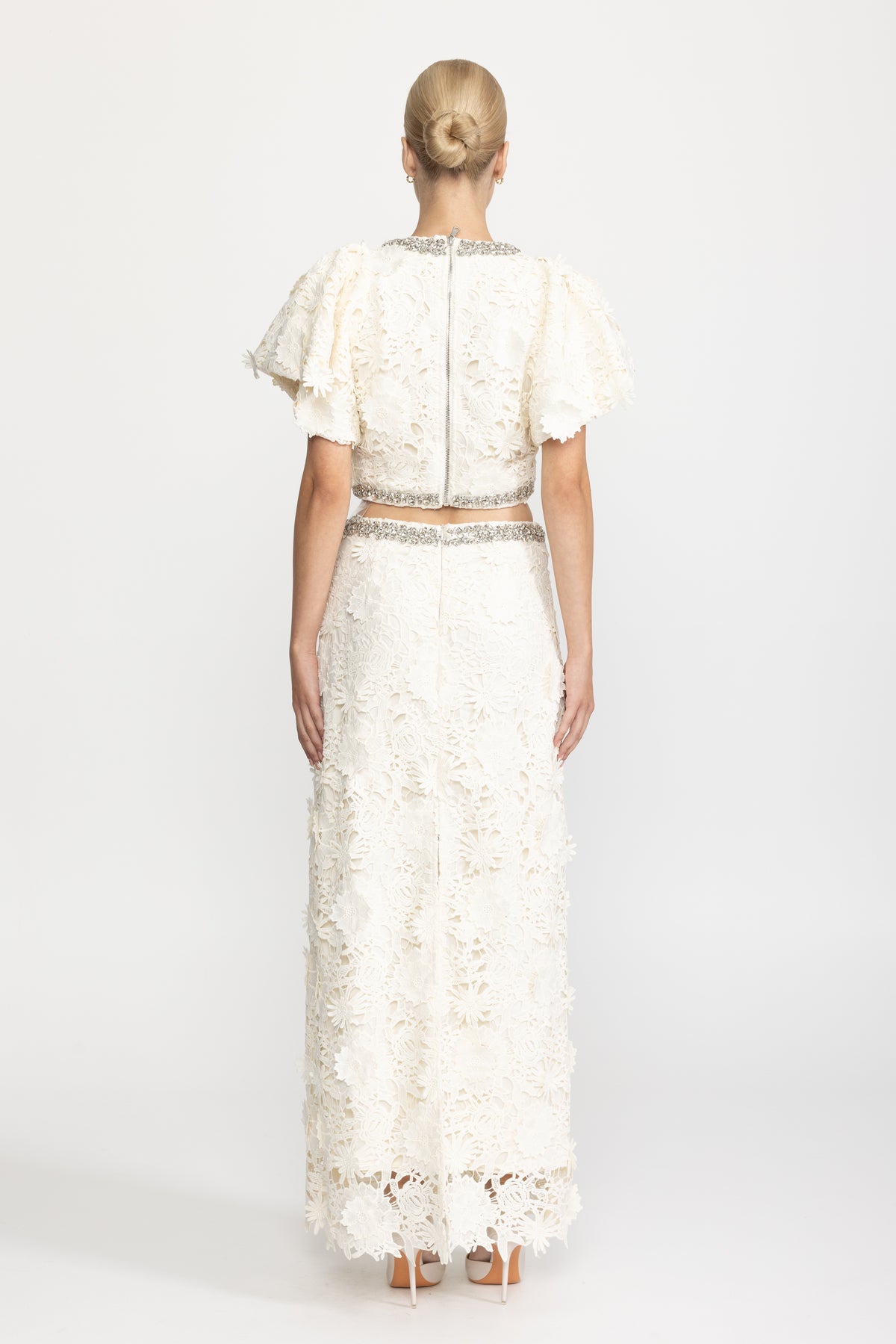 Crystal Trim Guipure Lace Crop Top and Maxi Skirt Co-ord Set - Ivoire