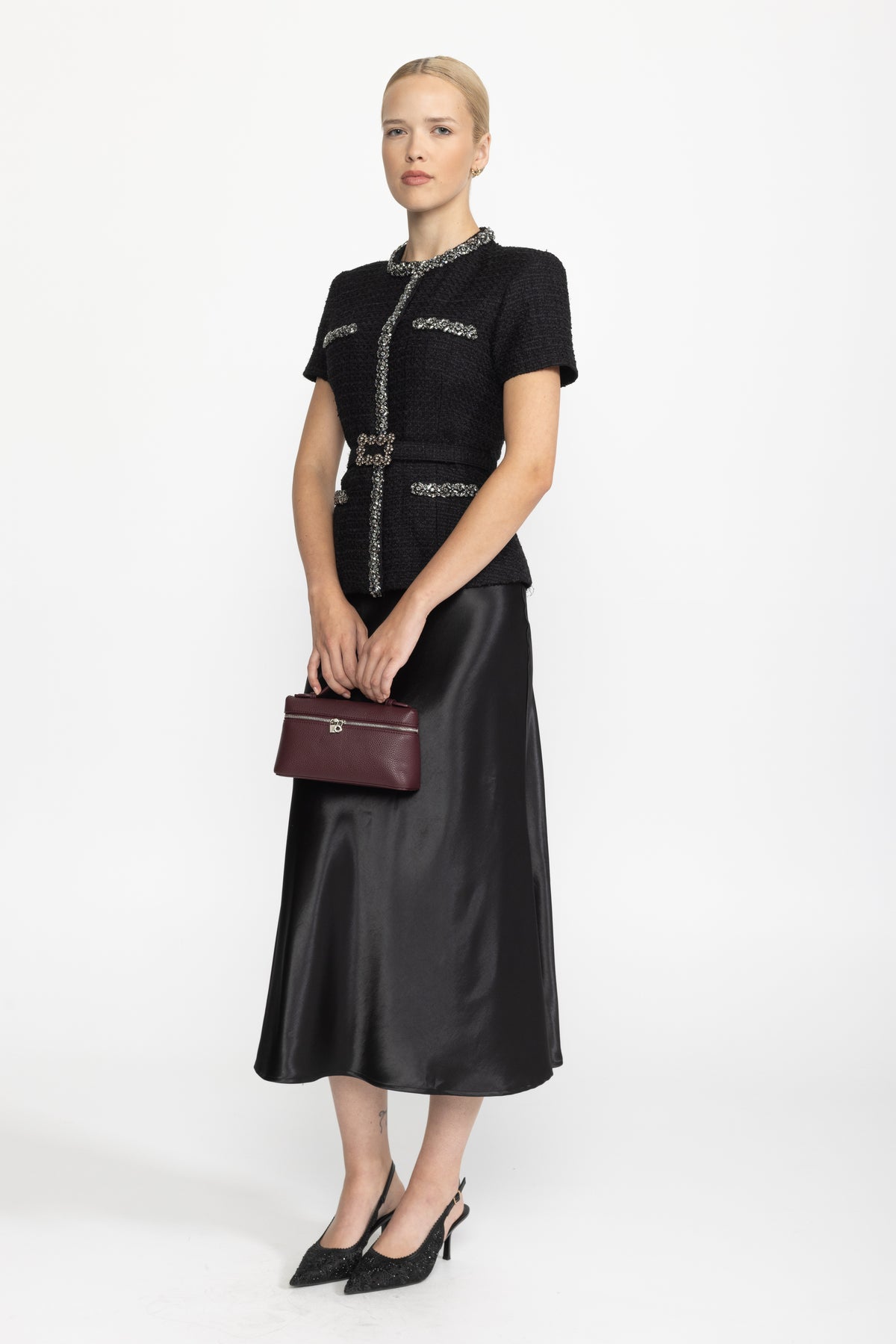 Tweed- und Satin-Midikleid mit Kristallbesatz und Schößchen - Schwarz