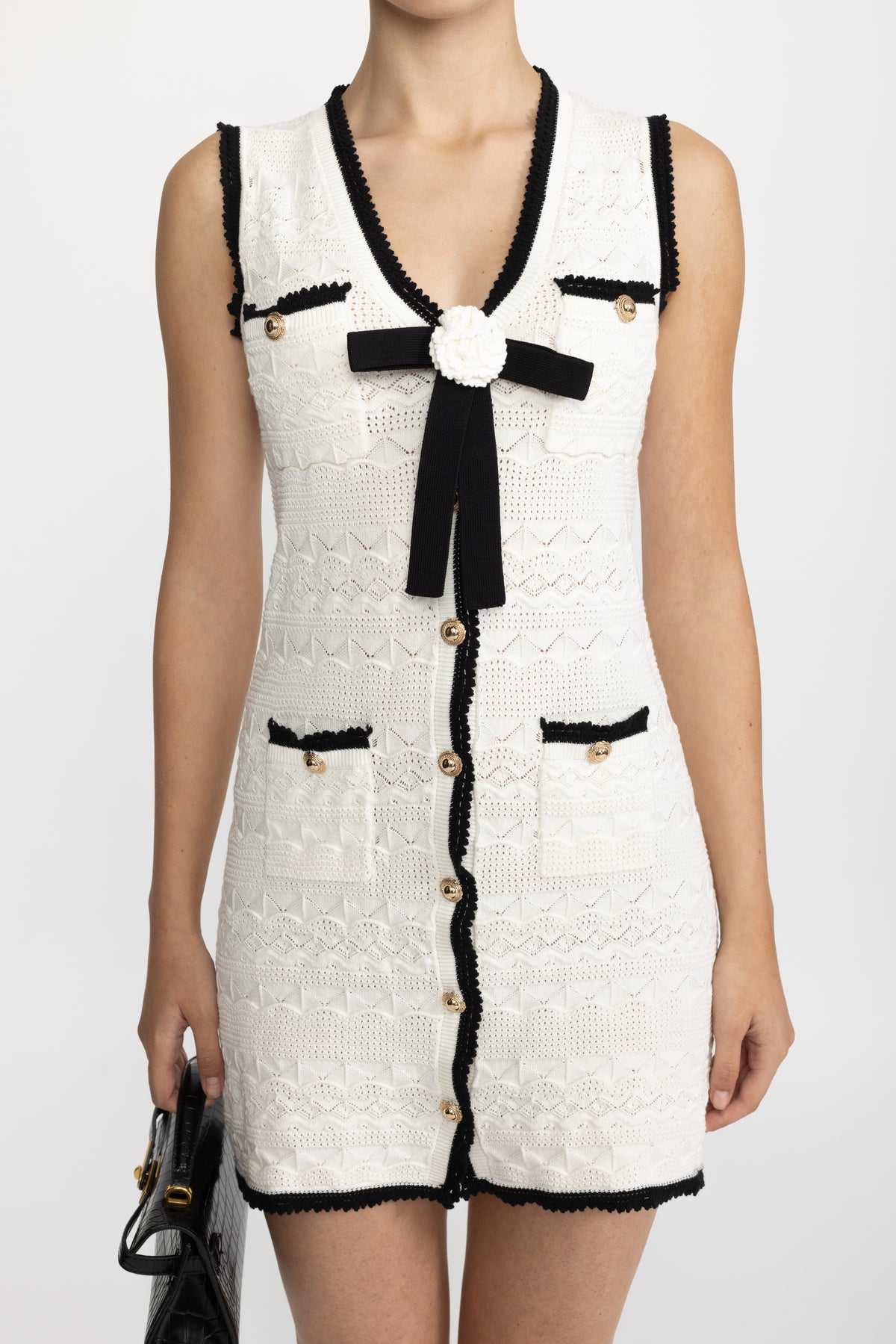 Bow Detail Crochet Knit Sleeveless Mini Dress - White