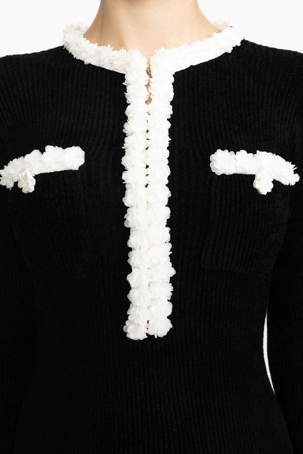 Chenille Knit Midi Dress with Contrast Bobble Trim - Black