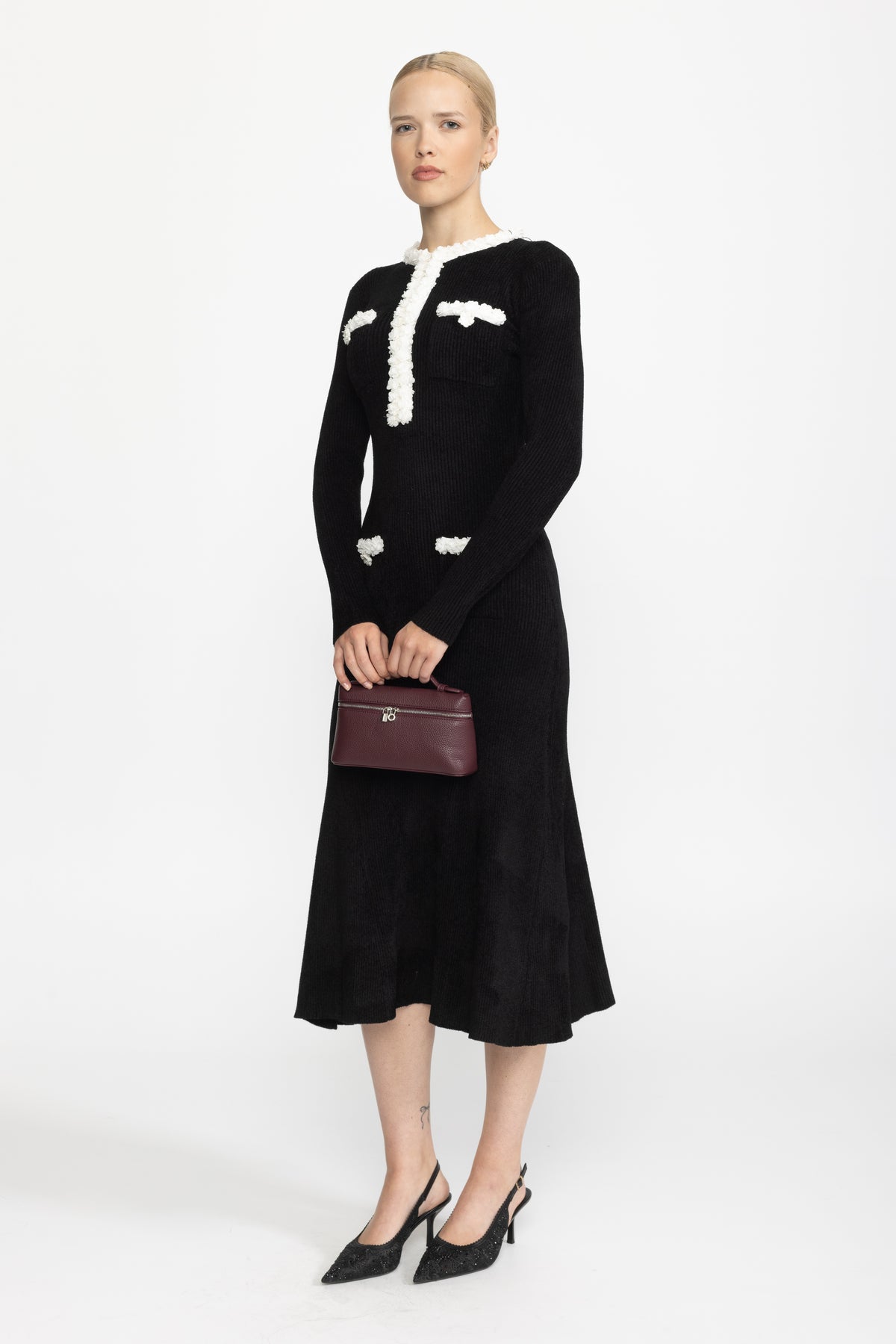 Chenille Knit Midi Dress with Contrast Bobble Trim - Black