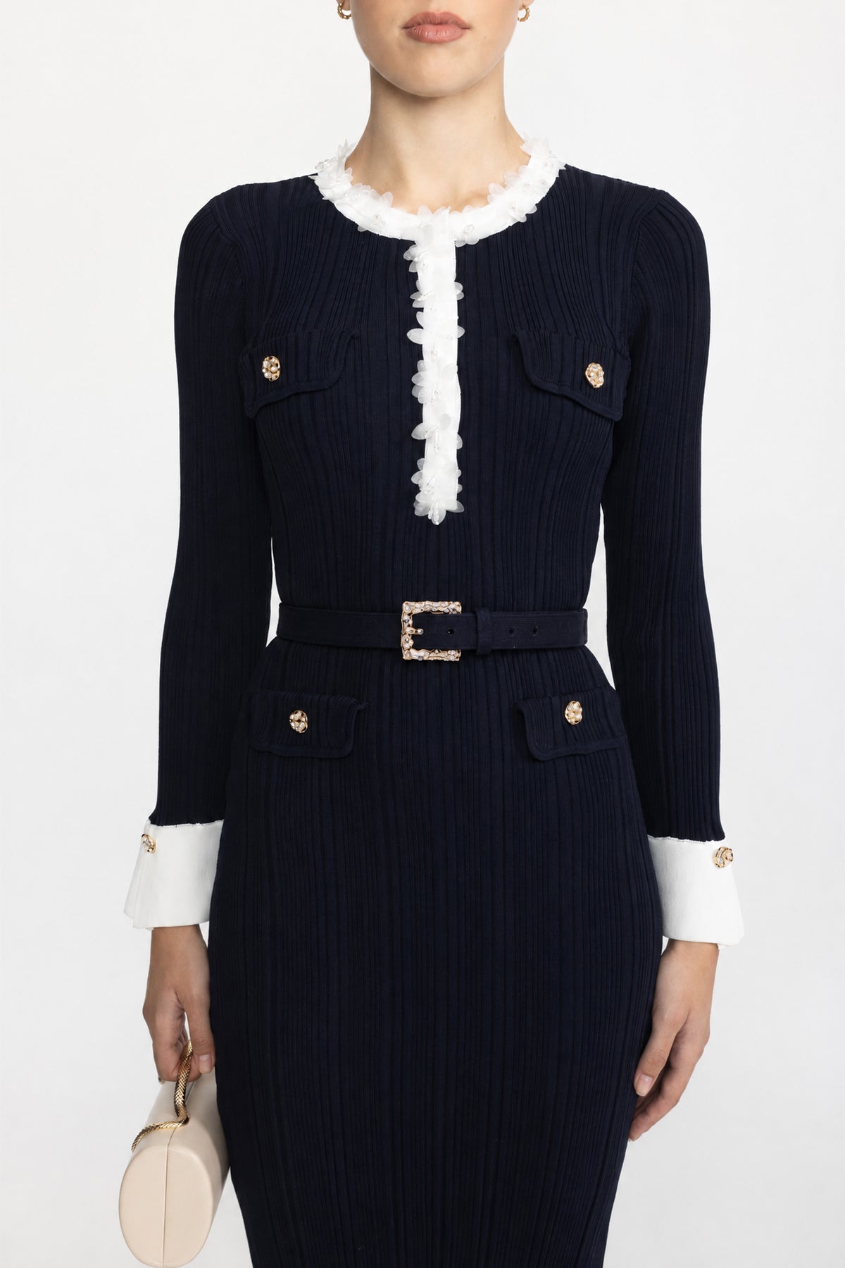Organza Ruffle Trim Rib Knit Belted Midi Dress - Navy