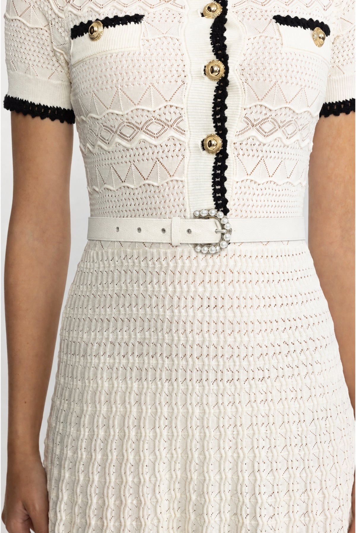 Pointelle Knit Belted Midi Dress - Ivoire